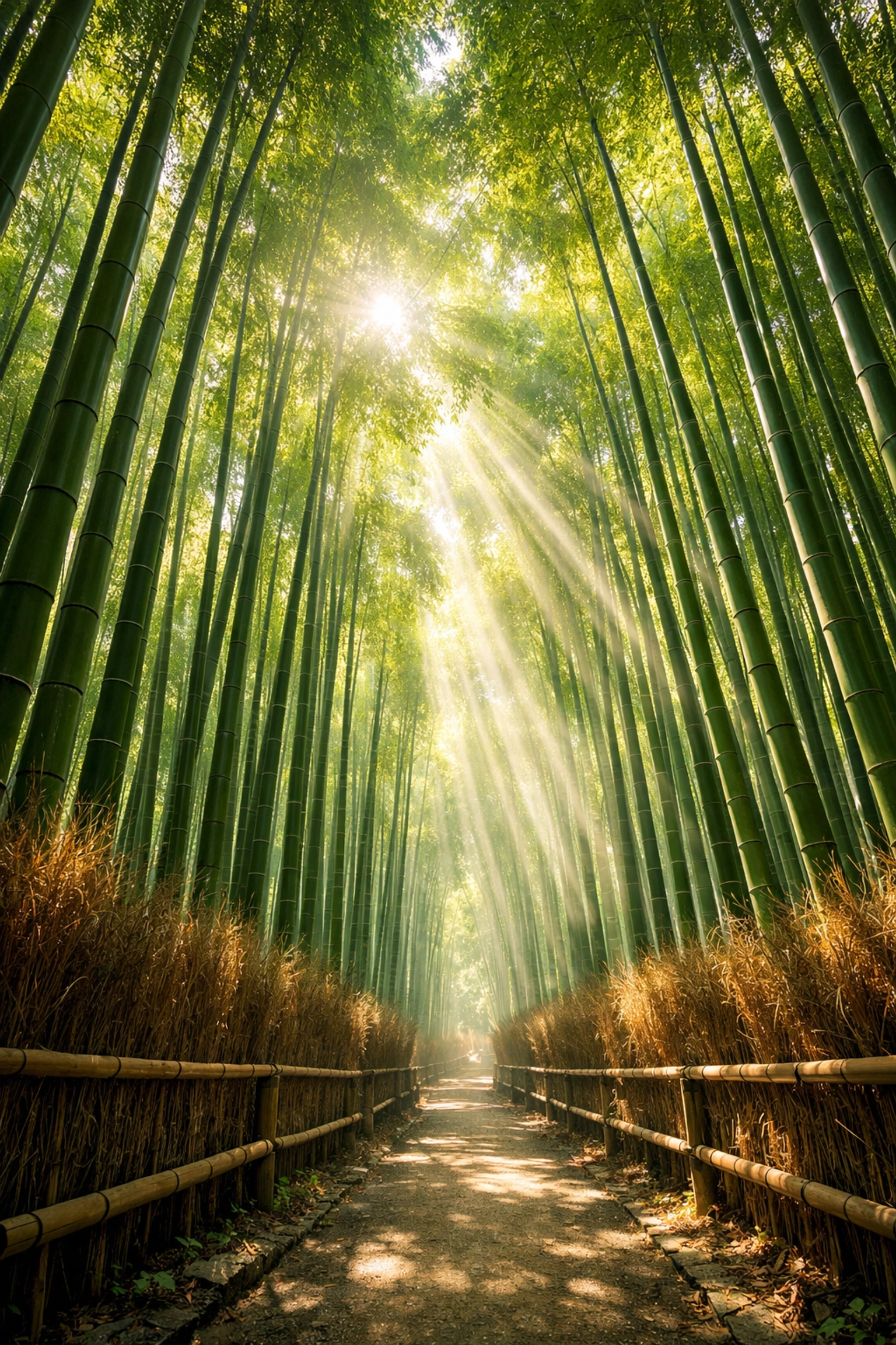 The towering Arashiyama Bamboo Grove in Kyoto, Japan, a top instagrammable place for nature photography.