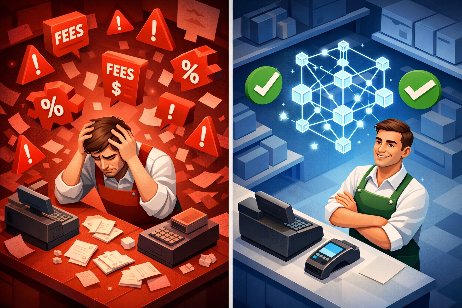 Traditional crypto payment complexity versus Larecoin's simple blockchain fee structure