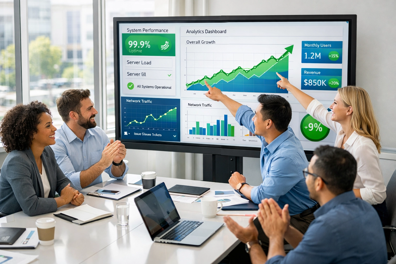IT team analyzing ServiceNow ROI metrics and KPI dashboards during consulting services evaluation