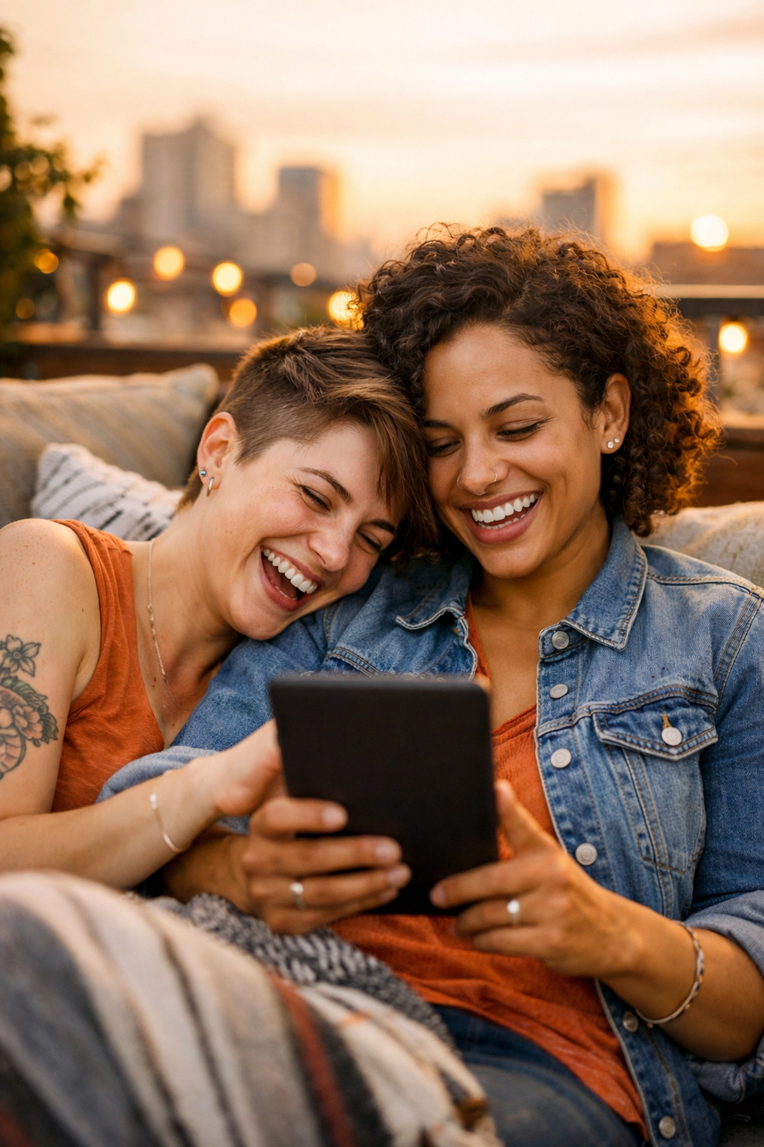 Lesbian couple reading an LGBTQ+ ebook together on an e-reader during golden hour.