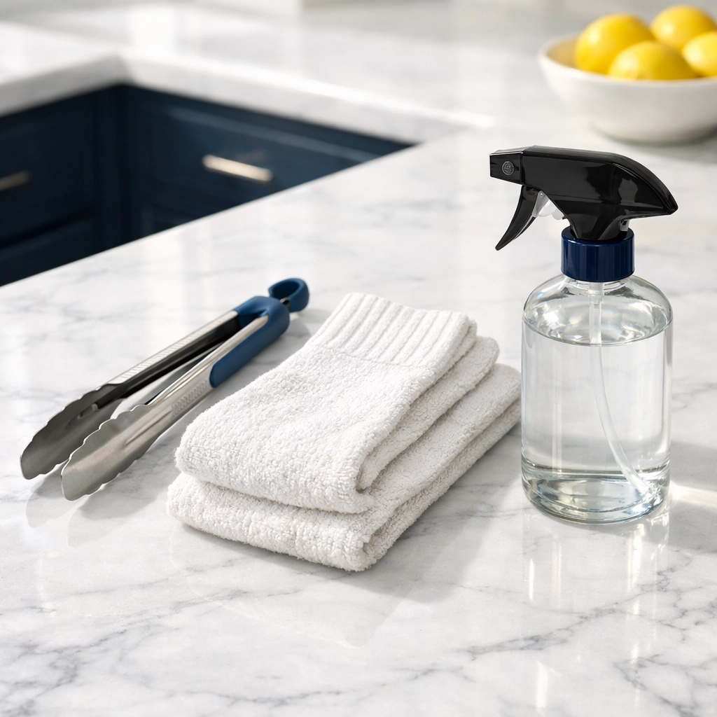 DIY cleaning kit for dusting blinds featuring socks, kitchen tongs, and a spray bottle.