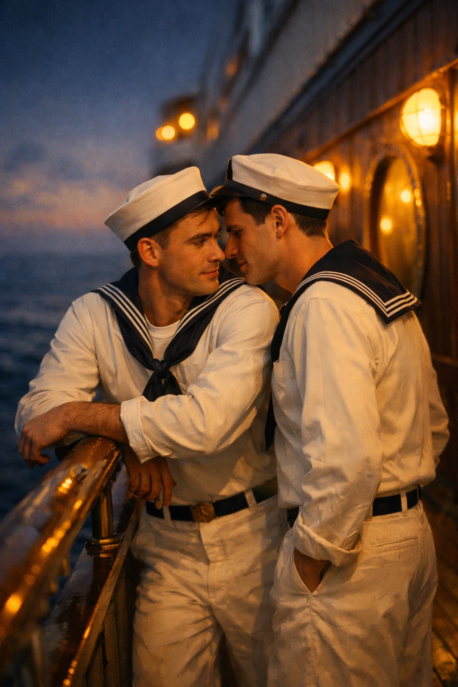 Two men in vintage sailor uniforms on an ocean liner deck, a scene from MM historical romance.