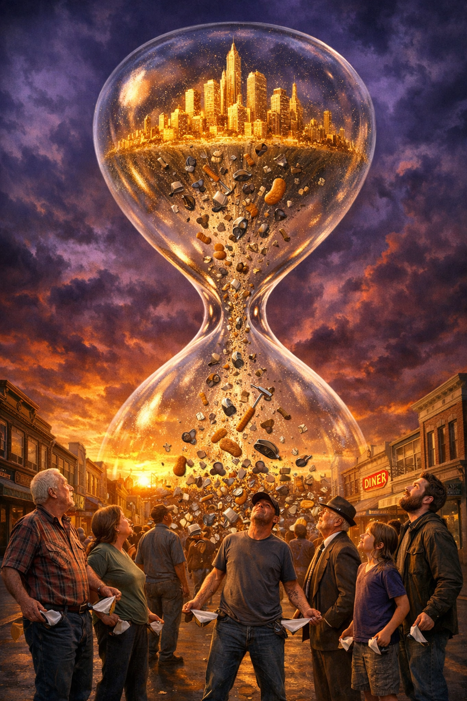 An hourglass pulling wealth and goods from a main street up to a golden city of the financial elite.