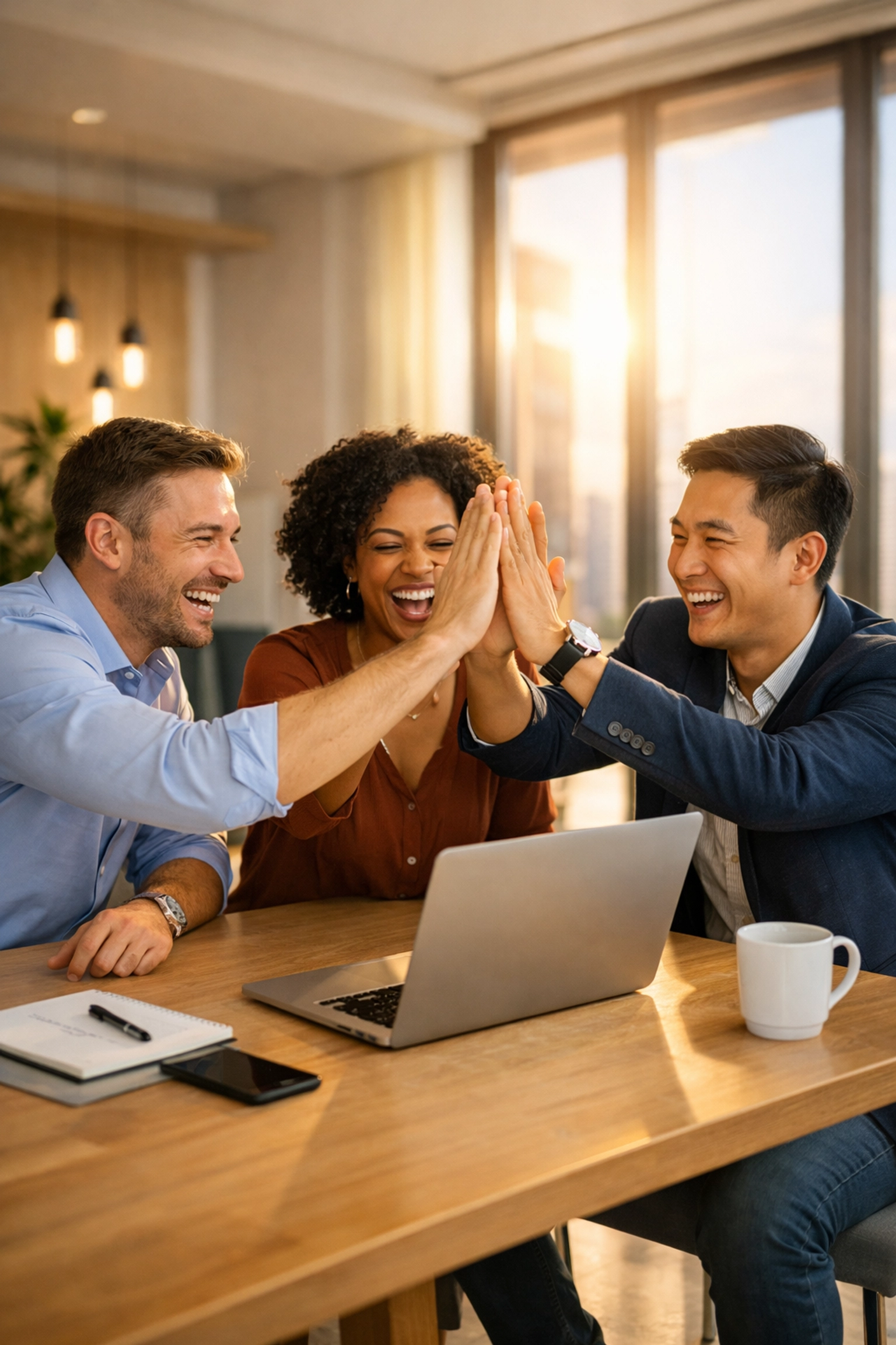 Successful business team celebrating liquidity results and cash flow improvements around a laptop in a bright workspace.