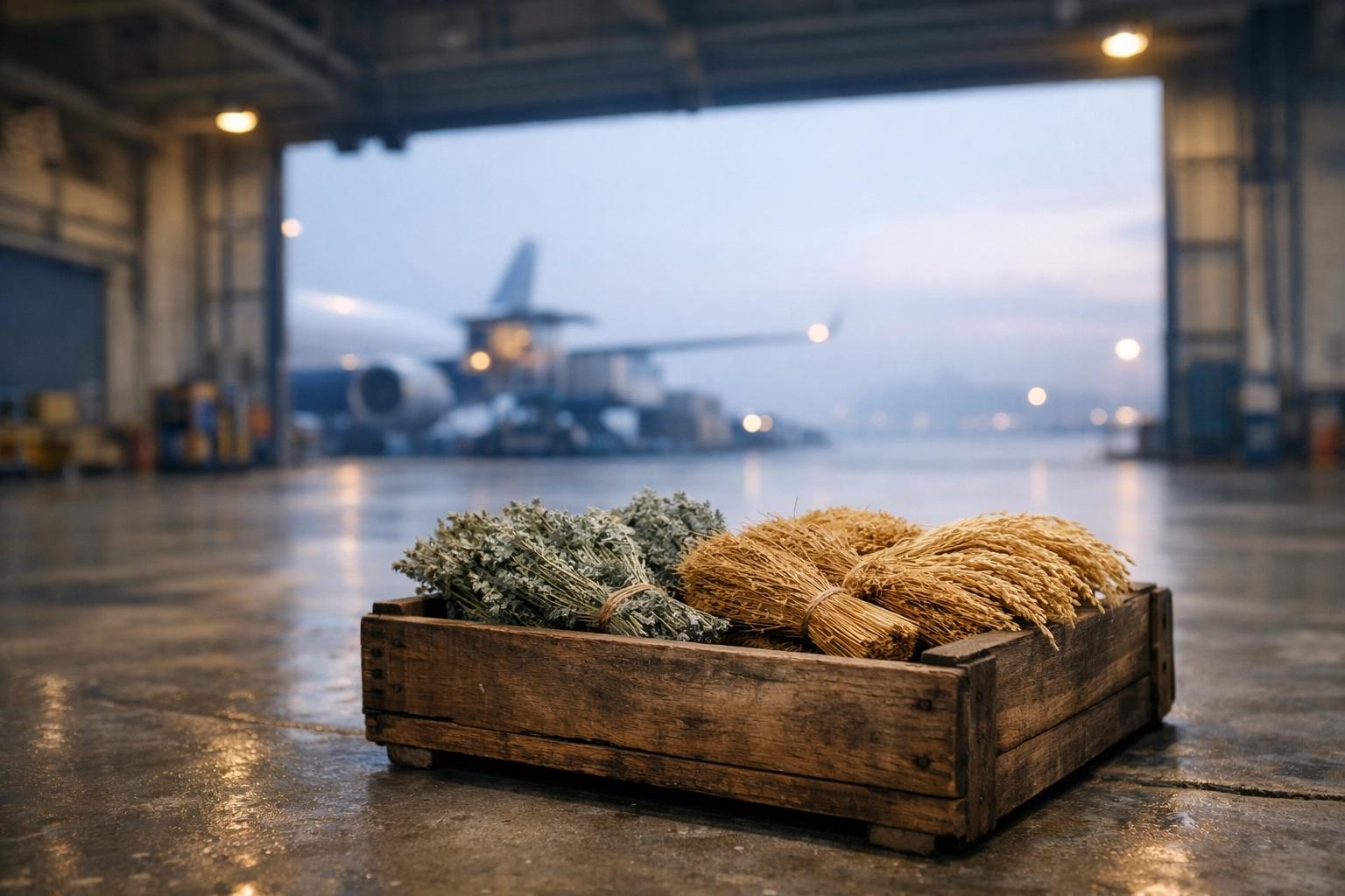 Traditional crates of Korean Mugwort and Rice Bran prepared for export in a modern cargo shipping terminal.