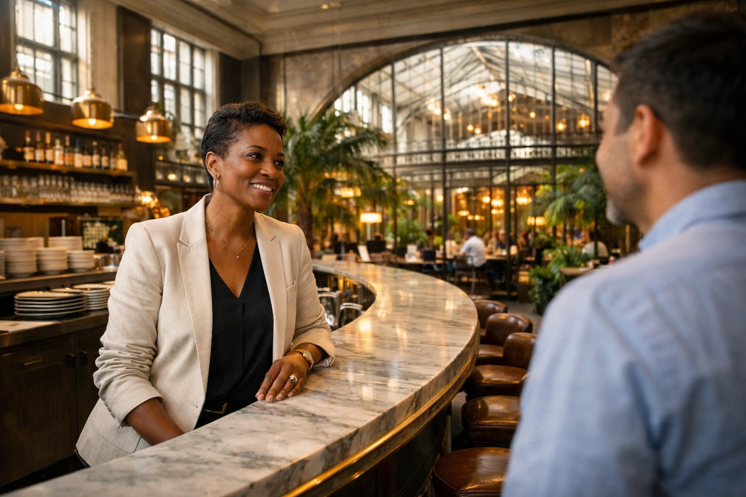 Elegant dining room at JouJou in San Francisco featuring a marble chef’s counter and glass greenhouse patio.