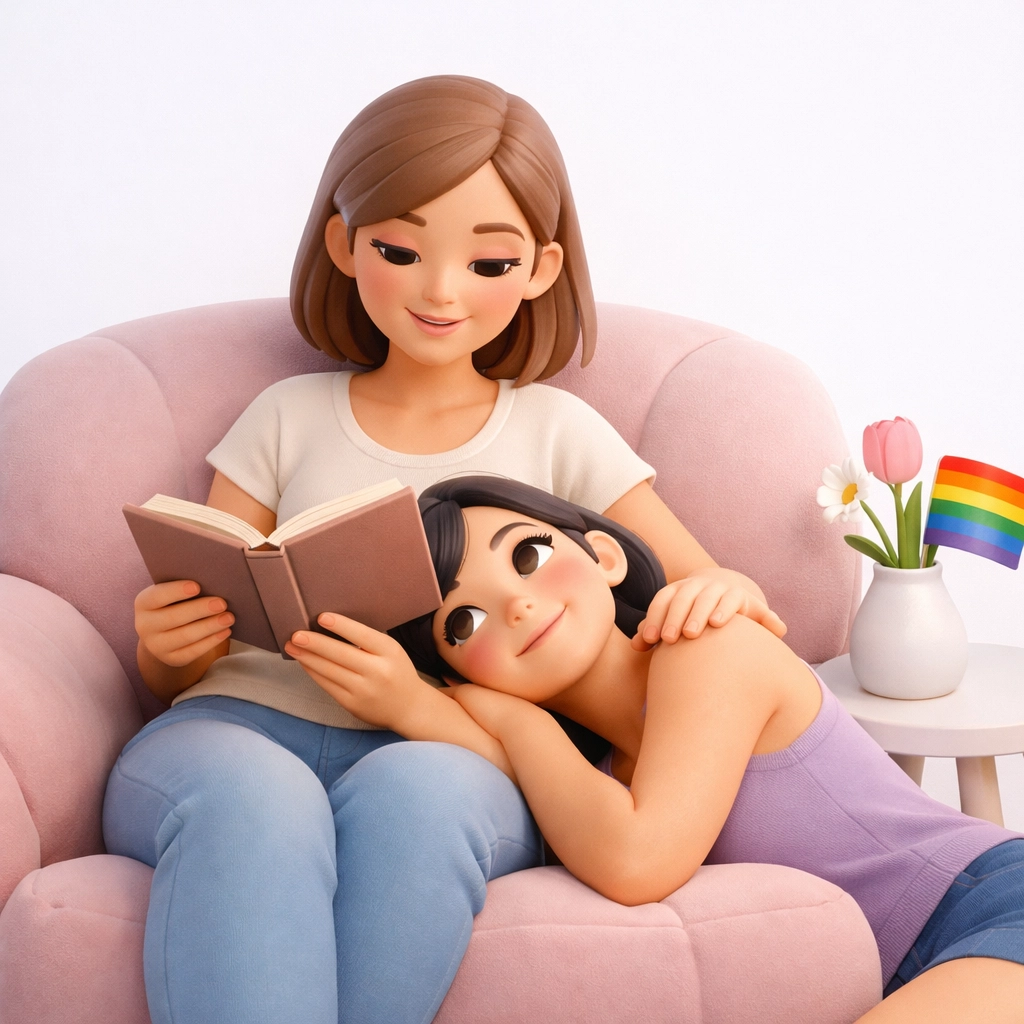 A tender lesbian couple reading together in a cozy room with a small pride flag, celebrating queer love stories.