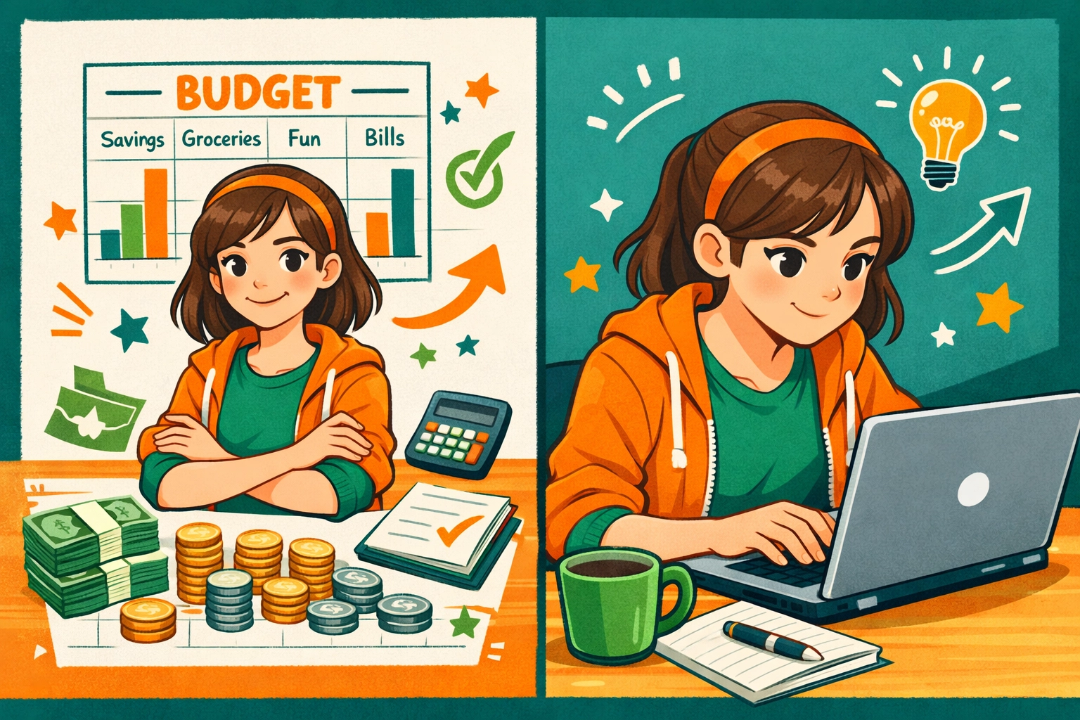 Teen girl managing budget and working on laptop - learning financial stewardship and responsibility