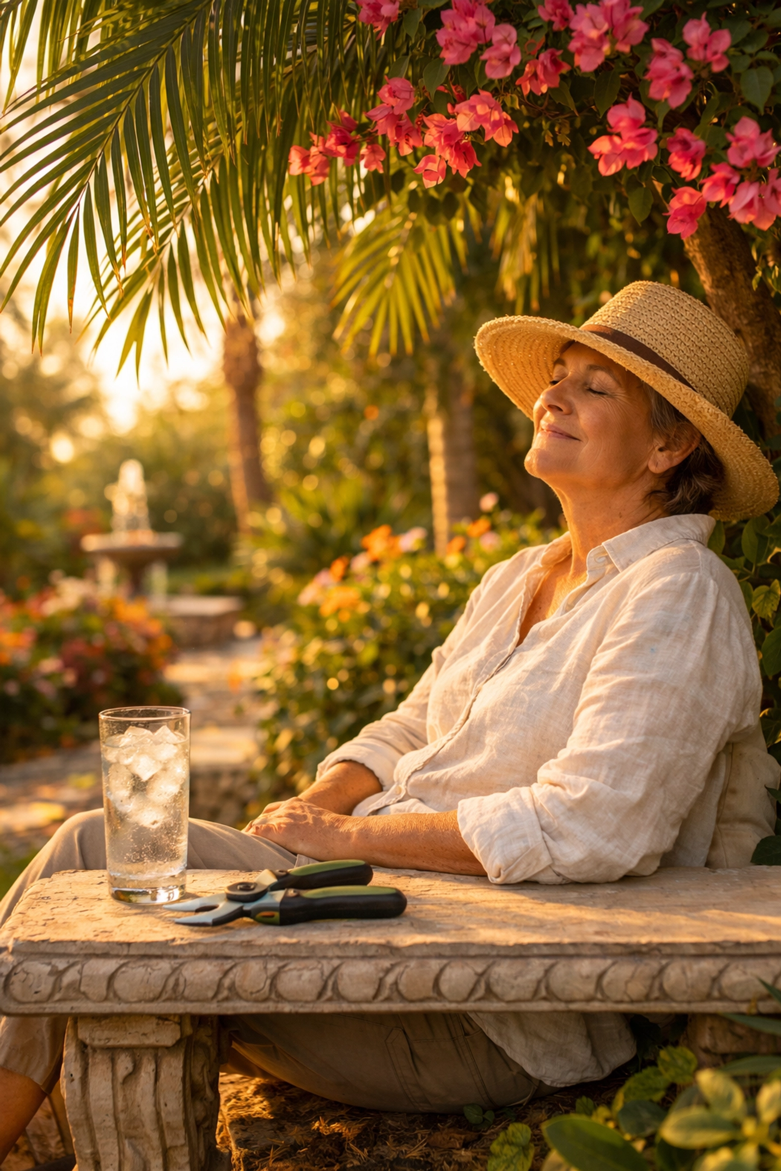 Gardener taking a restorative break in a Southwest Florida garden for pain-free gardening and spinal health.