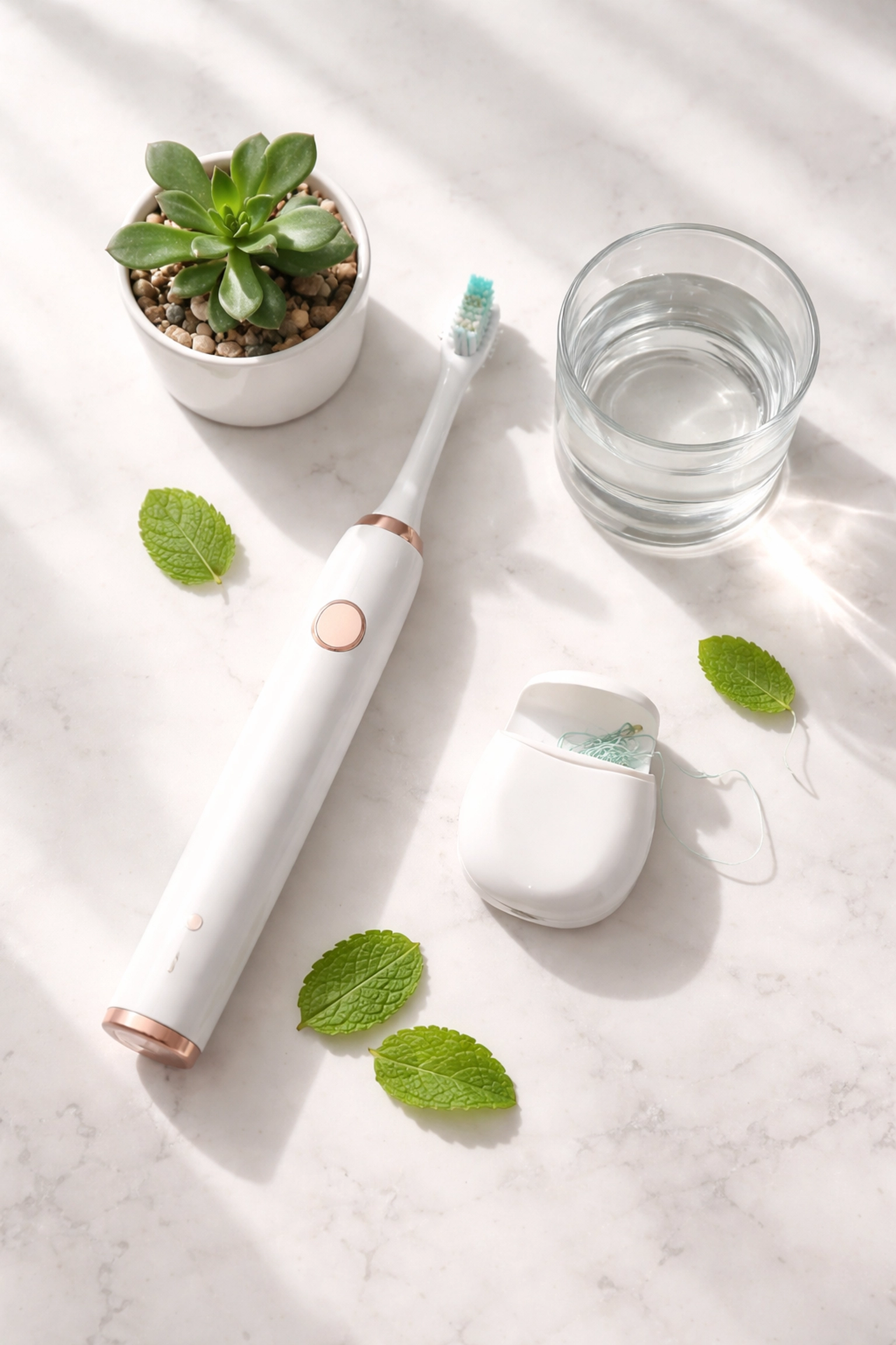 Flat-lay of dental care essentials like electric toothbrush and floss, representing maximizing dental insurance perks.