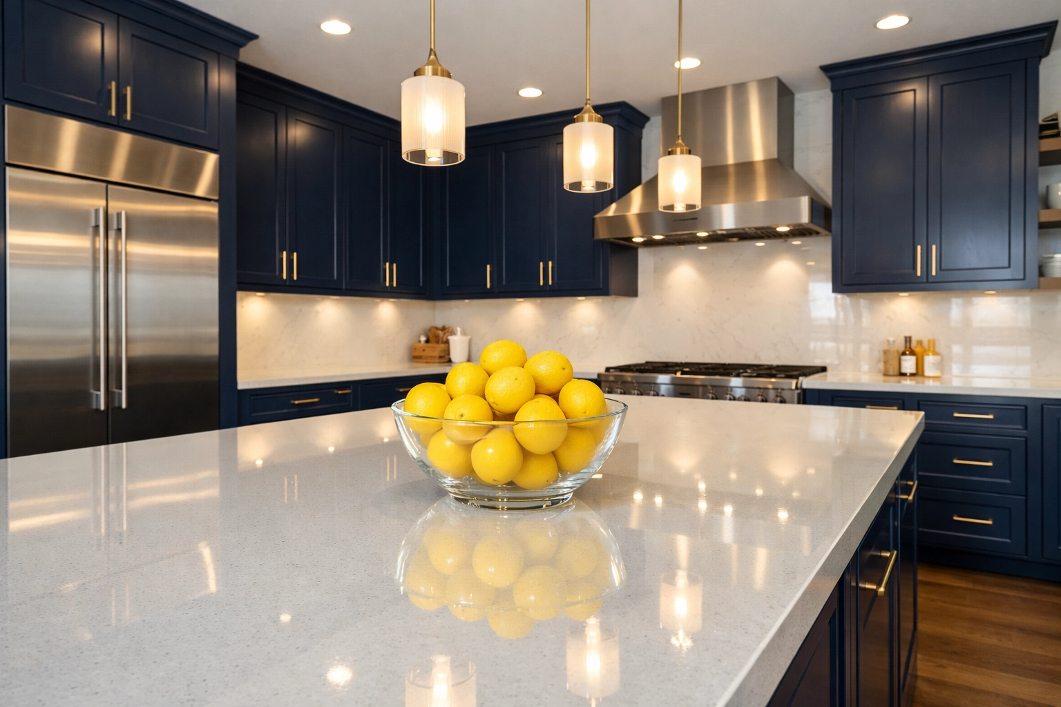 Streak-free quartz kitchen countertops and navy cabinets following a professional bi-weekly house cleaning visit.