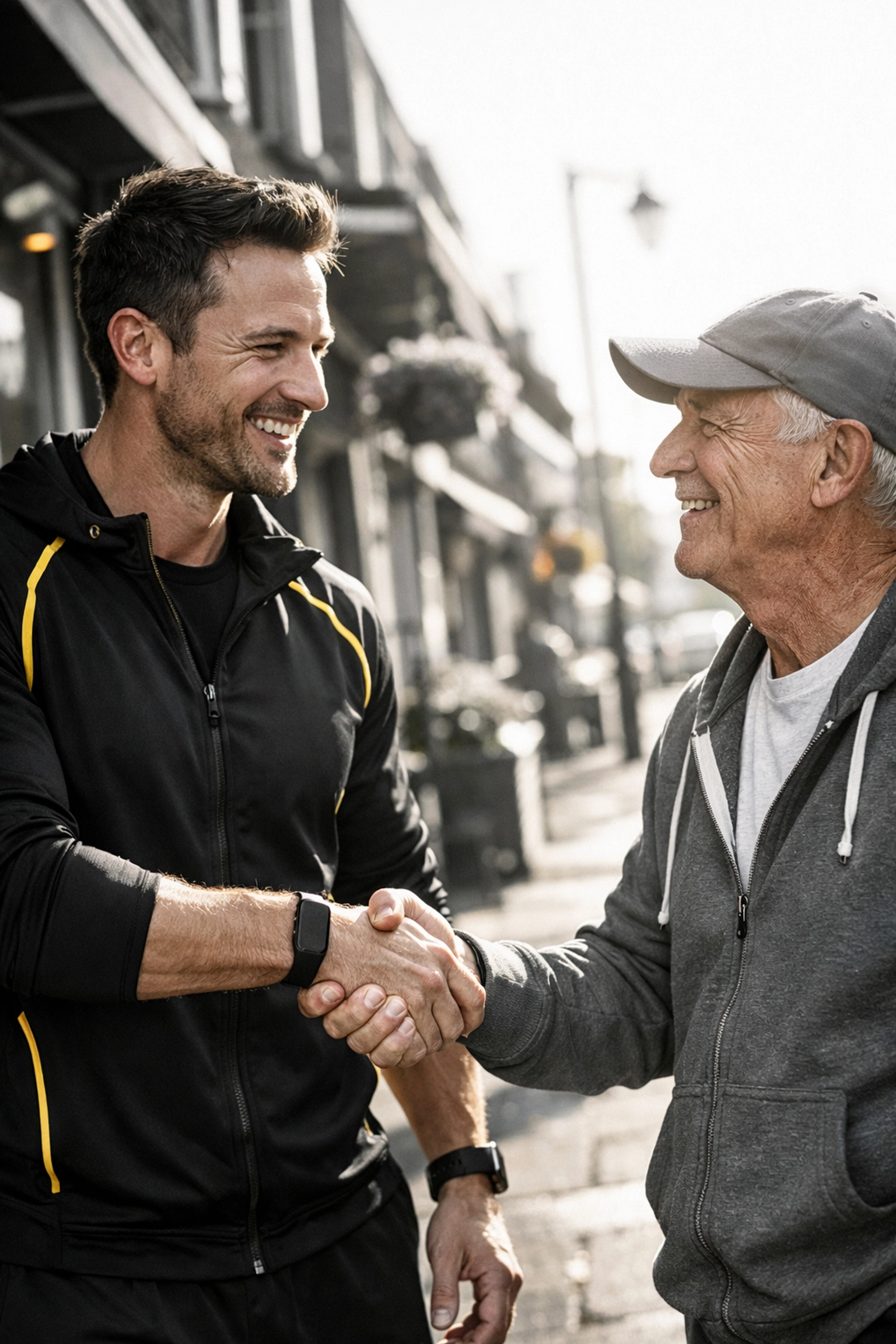 Personal trainer building community trust through local networking on a suburban high street.