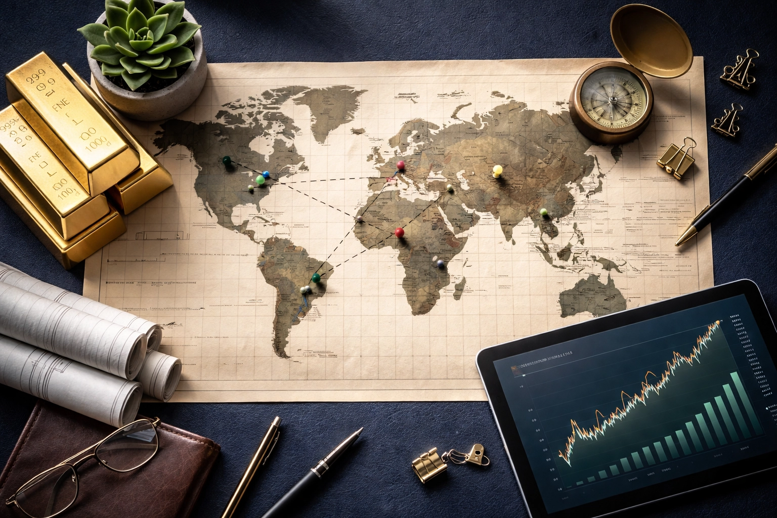 Investor’s organized desk with world map, gold bars, and charts, representing global diversification and portfolio management.