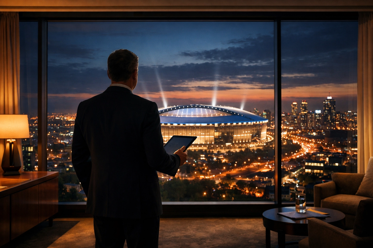 Executive overlooking a brightly lit stadium from a luxury hospitality suite at the Super Bowl.