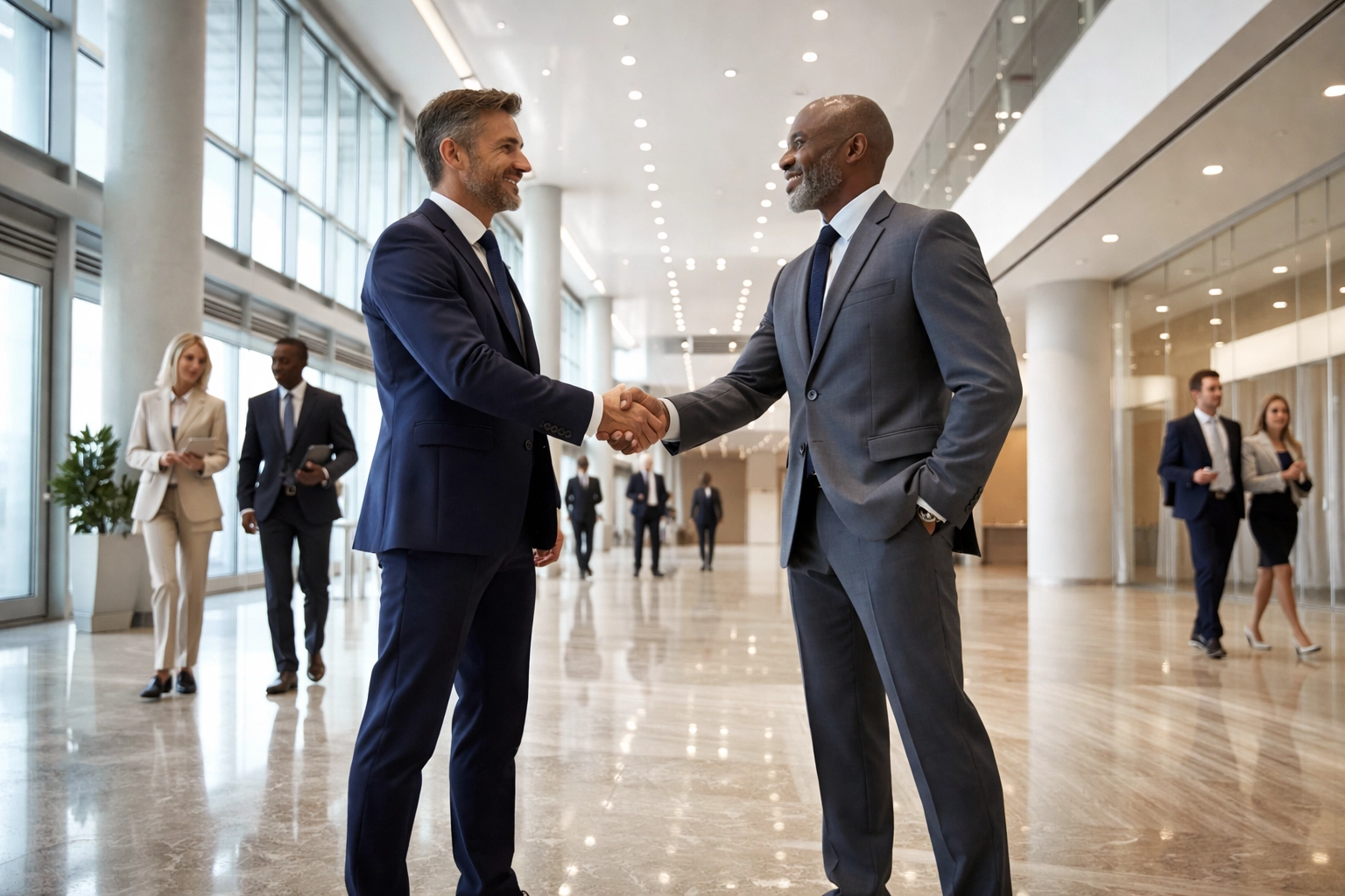 Executives shaking hands in a corporate lobby, symbolizing successful partnership and strategic business growth
