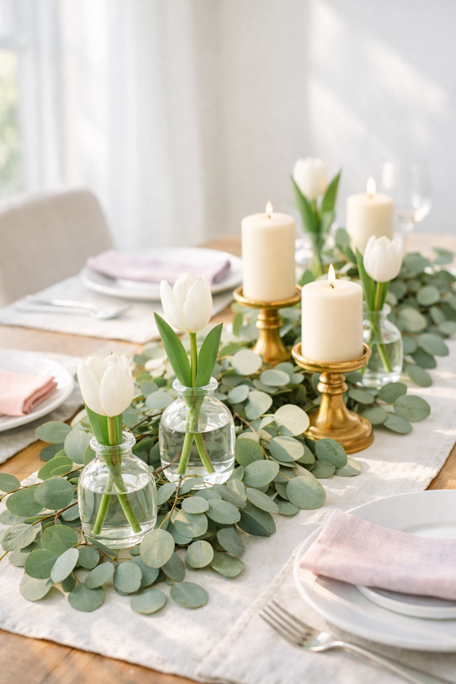 Eucalyptus branches styled as natural table runner with candles for Easter centerpiece