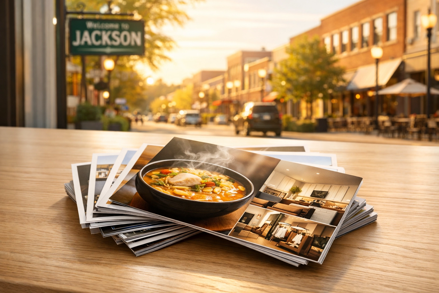 Premium community mailer postcards featuring Jackson, Michigan local businesses and services.