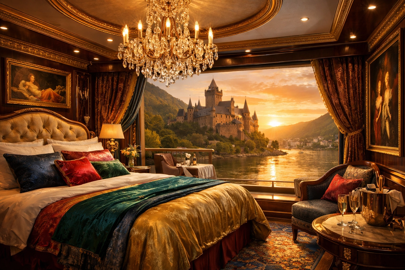 Opulent Uniworld boutique river cruise suite with luxury decor and a window view of a medieval German castle.