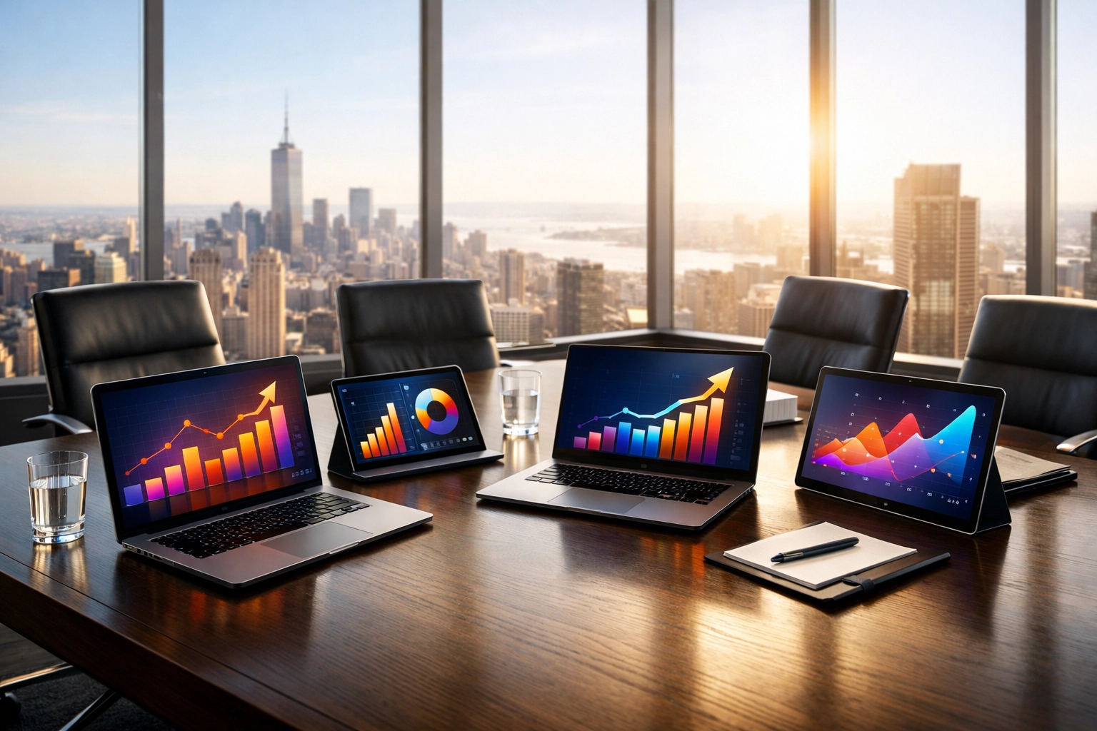 Modern boardroom with data visualizations on tablets for corporate ROI and sports marketing planning.