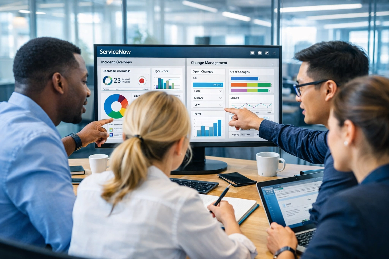 ServiceNow implementation team collaborating on ITOM and ITAM project planning