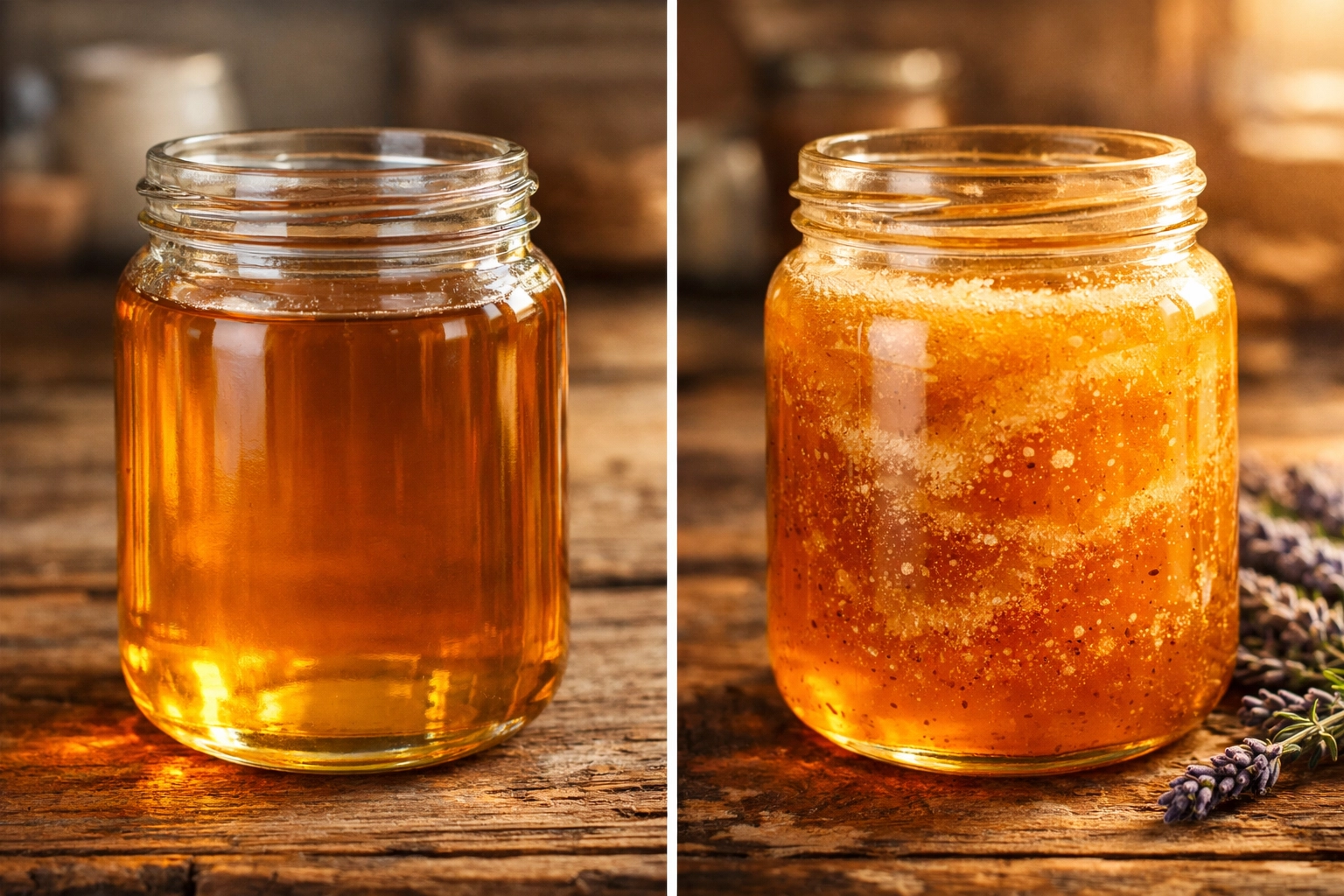 Side-by-side comparison of processed supermarket honey and raw, unfiltered local honey showing natural crystallisation.