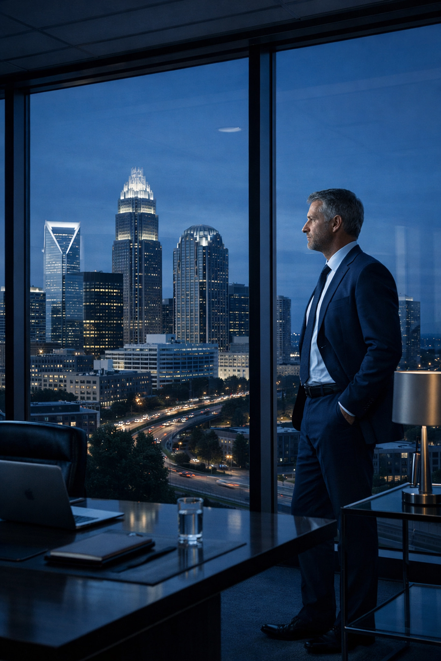 North Carolina business owner planning to sell my business in a modern office overlooking the city.