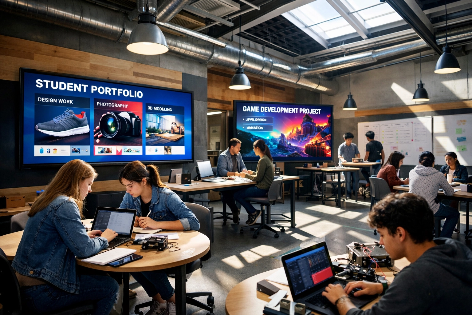 Future-ready school innovation lab with students working on collaborative projects and portfolios