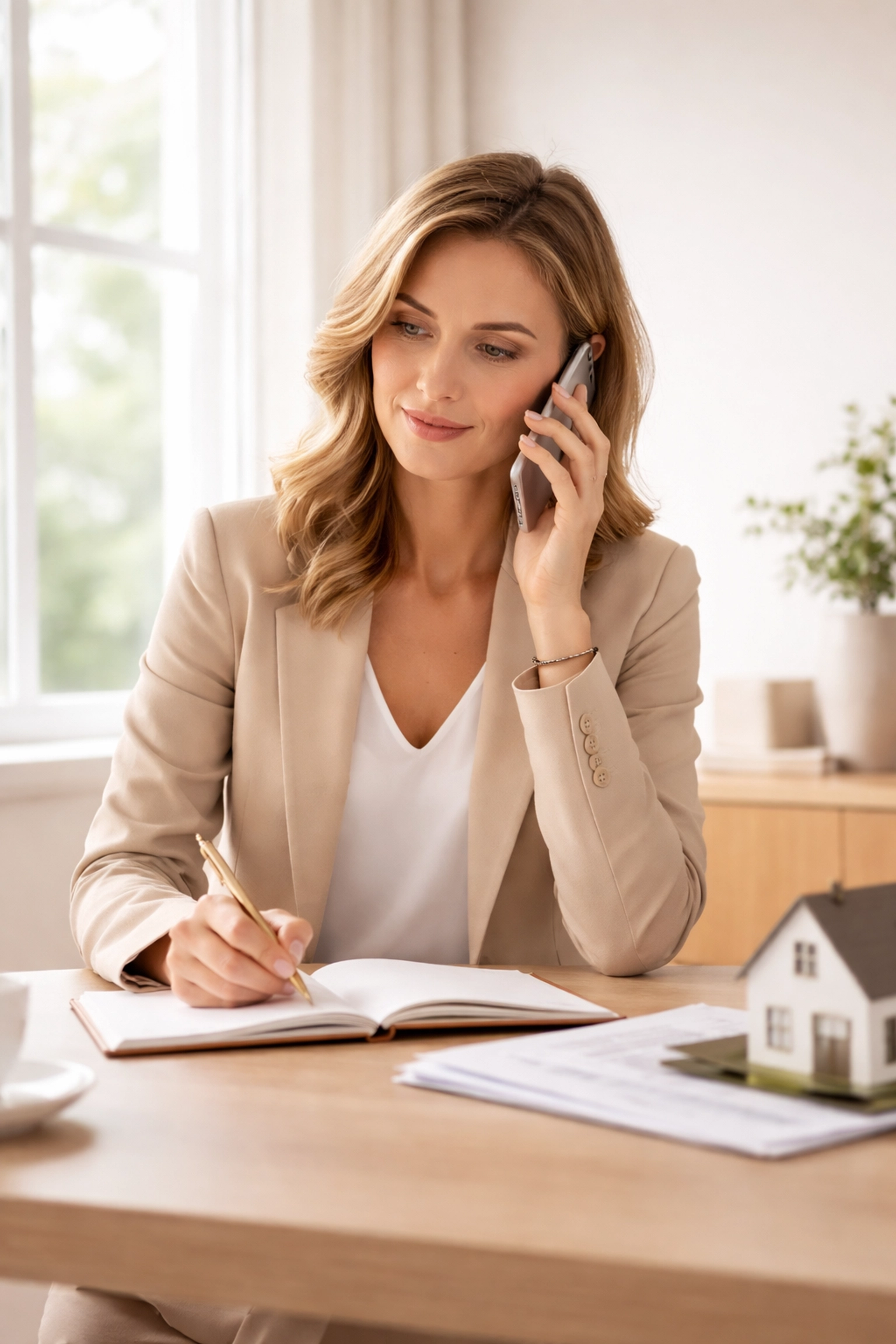 Female estate agent on a proactive call updating a client about their property sale progression.