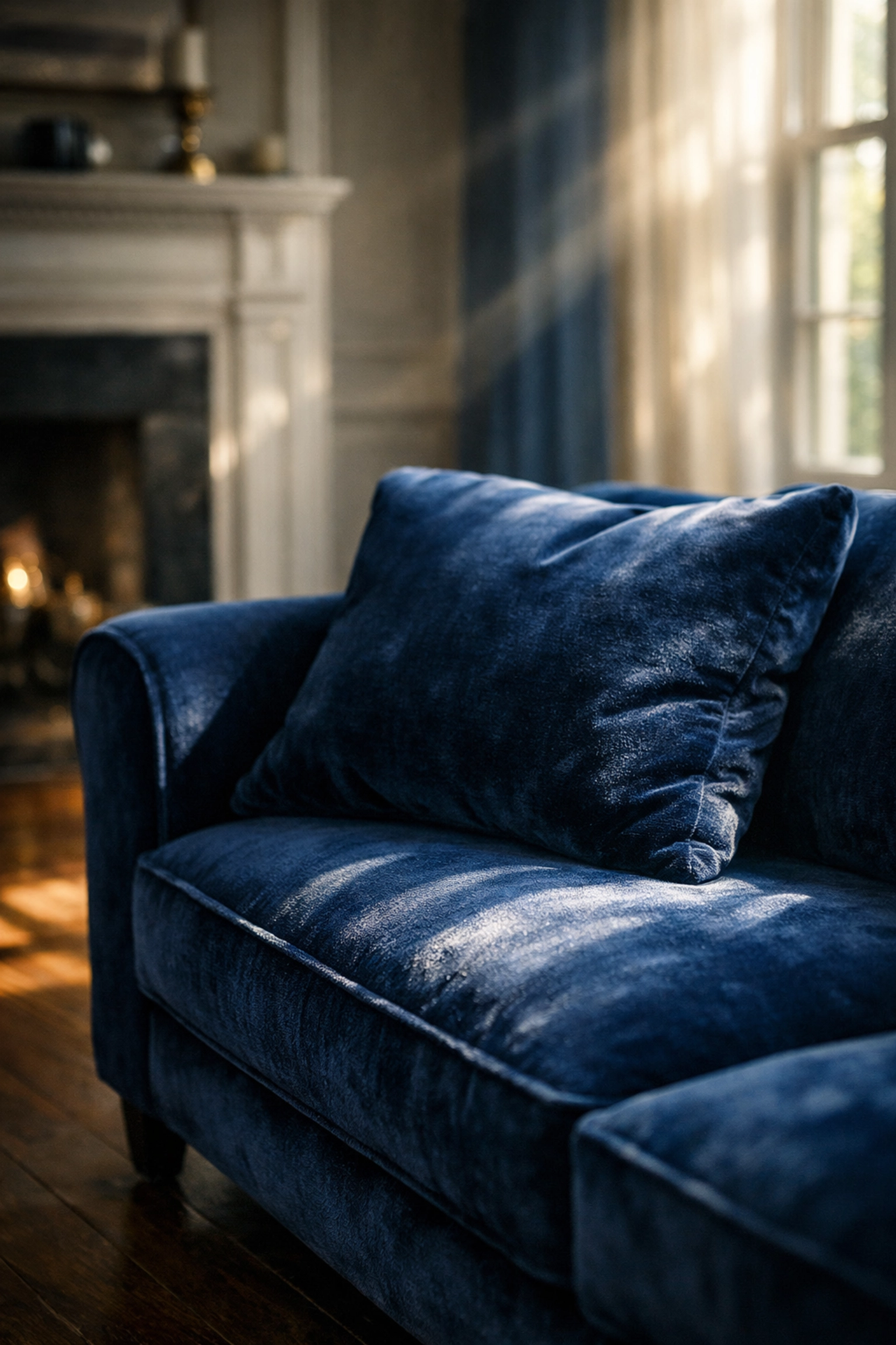 Luxurious blue velvet sofa in a Harvard home after professional upholstery cleaning services.
