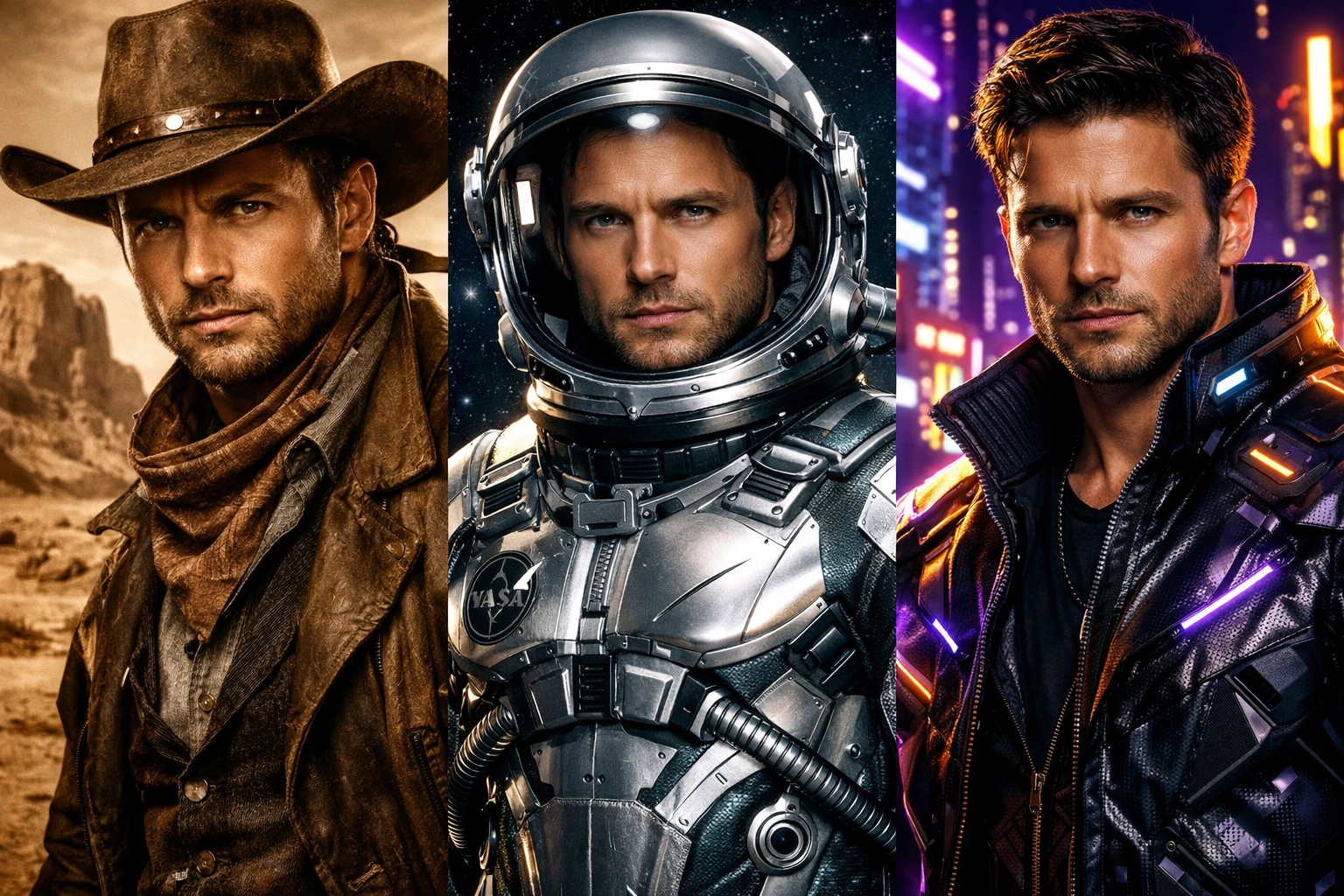 AI photo booth template comparison showing guest as cowboy, astronaut, and cyberpunk character