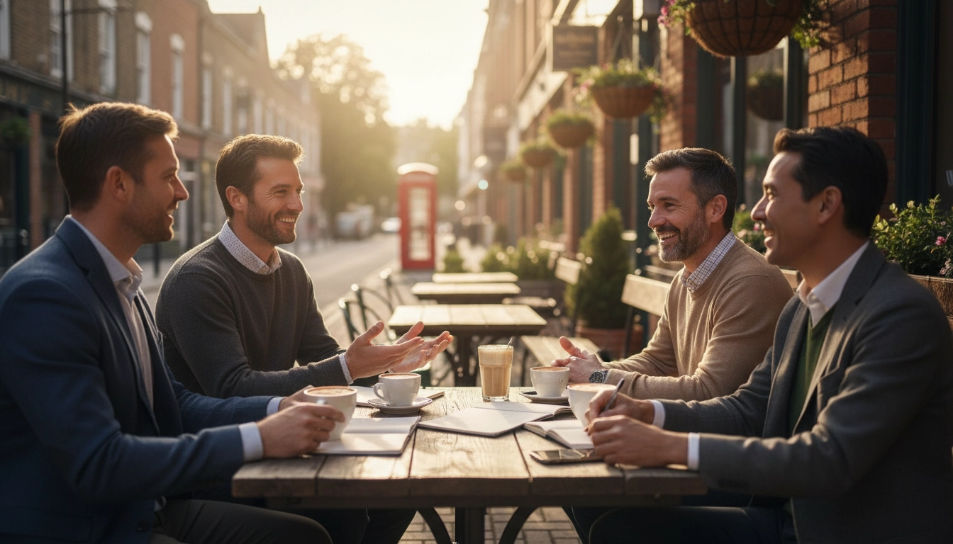 Four men sit at an outdoor cafe table, smiling and talking over coffee, with a sunlit street and red phone booth in the background.