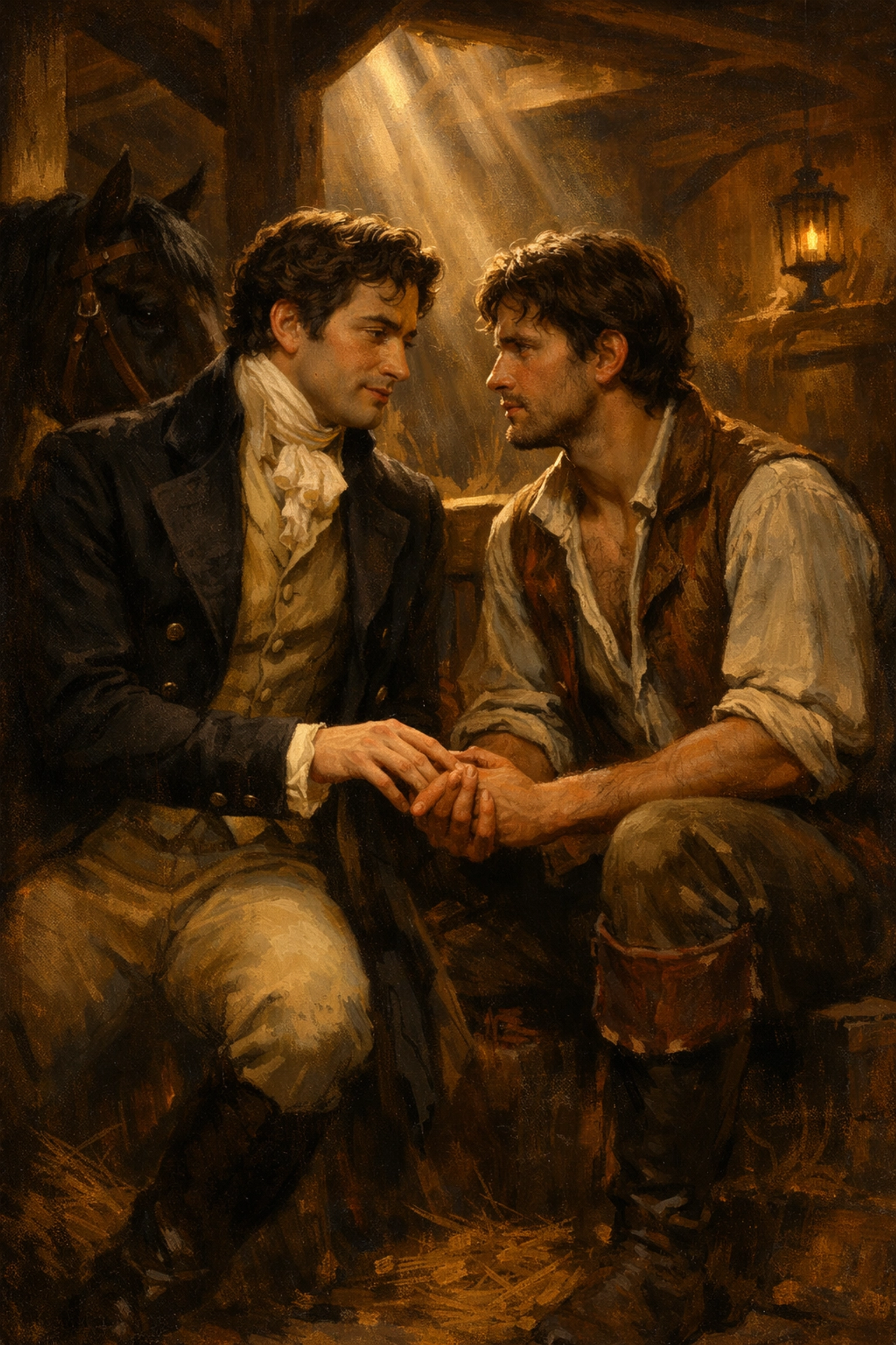 Regency-era aristocrat and stable worker in forbidden MM historical romance love scene