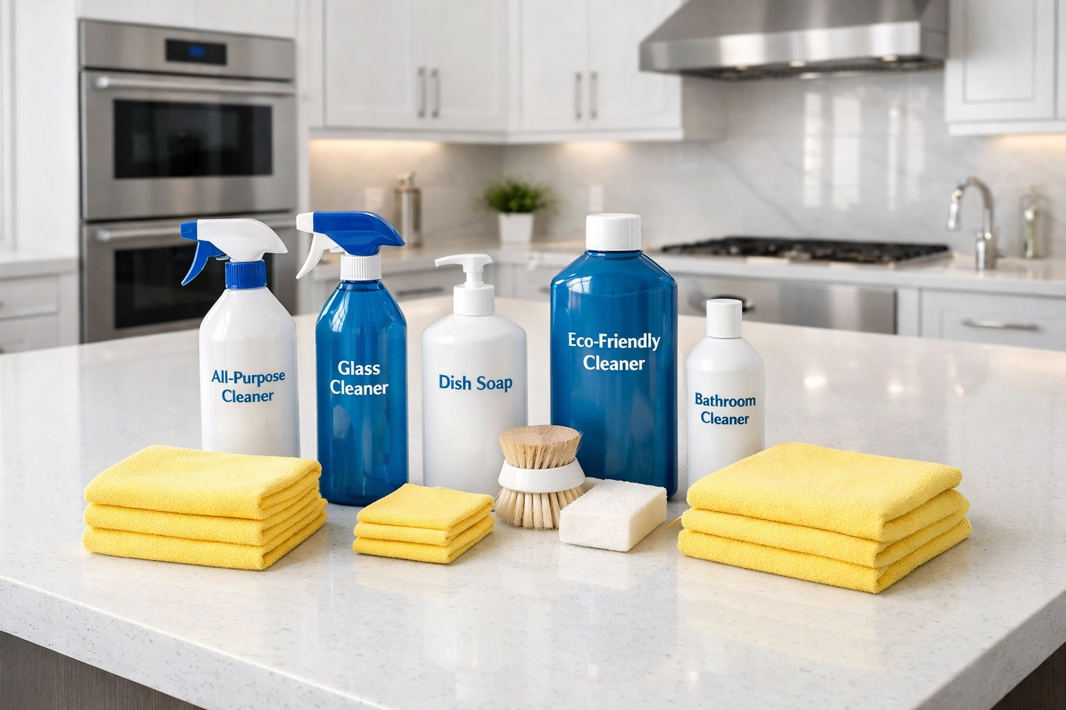 Eco-friendly cleaning supplies on a quartz kitchen island, highlighting professional Milton Estate Care standards.