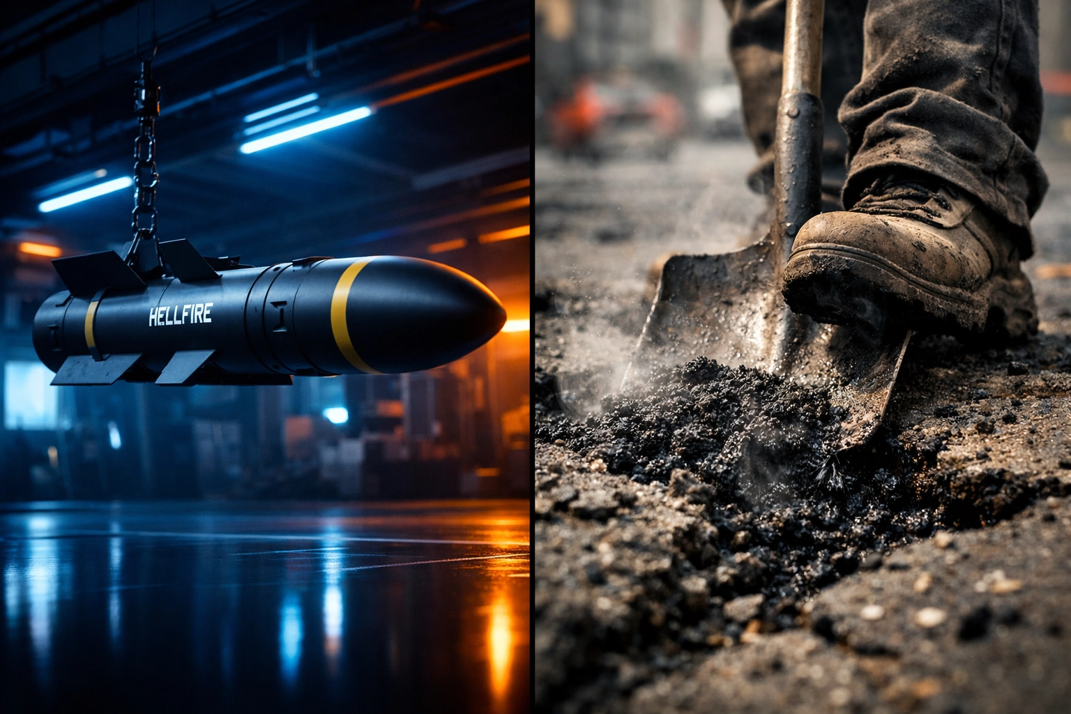 Comparison of a high-tech Hellfire missile and a road crew repairing a street pothole with fresh asphalt.