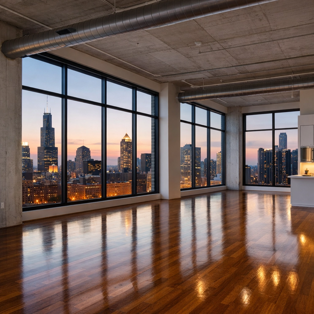 Pristine vacant loft apartment in Chicago with polished hardwood floors and a metropolitan city view.