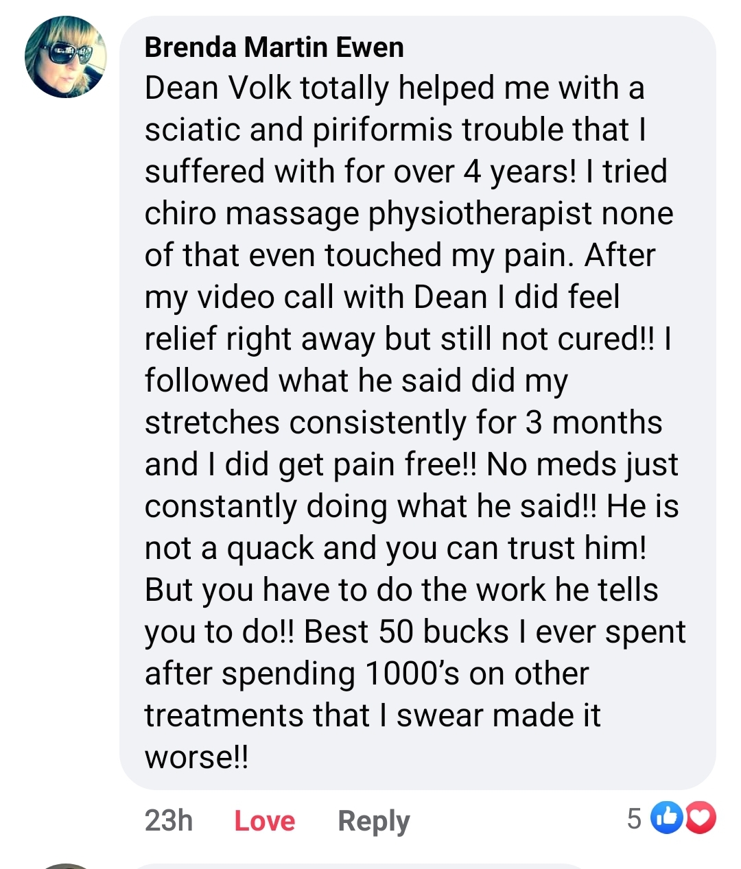 Testimonial describing relief from over 4 years of sciatic and piriformis pain