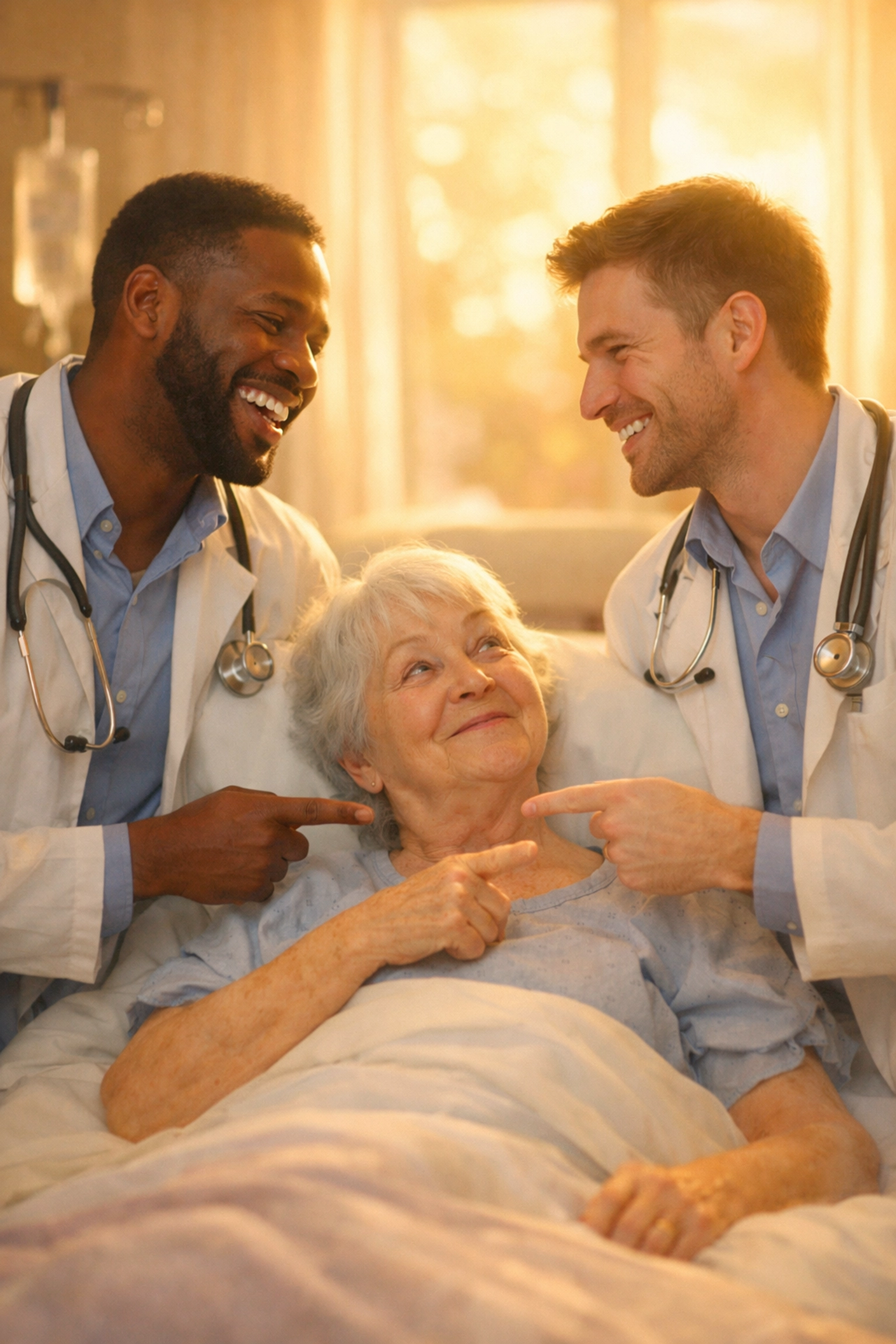 Two male doctors share a heartwarming moment with a patient, showcasing queer joy in a medical gay romance book.