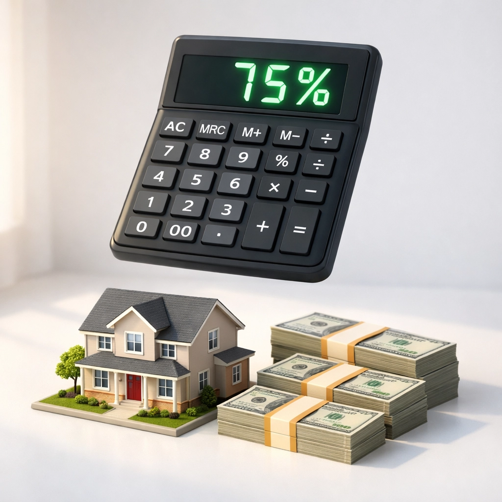 Calculator showing 75% LTC ratio for fix and flip loan with house model and cash investment