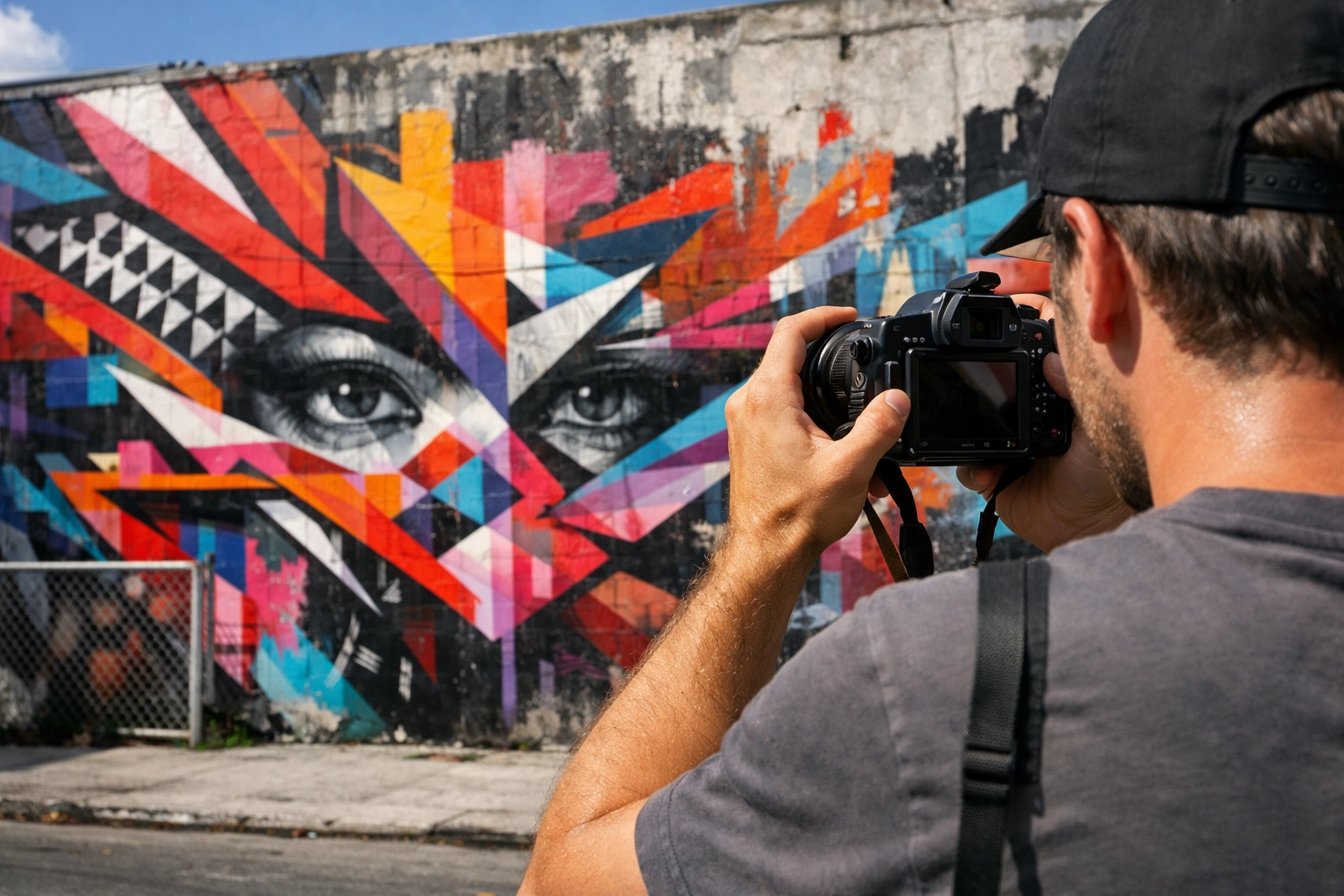 Photographer shooting vibrant street art murals, perfect for mastering wynwood photography in Miami.