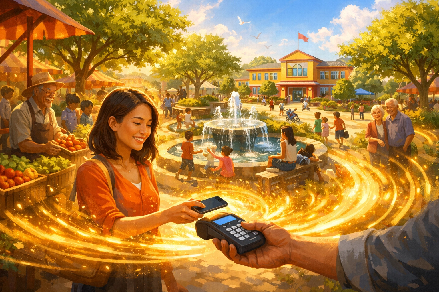 Digital payment ripple effect showing Larecoin's social impact and charitable contributions to global communities.