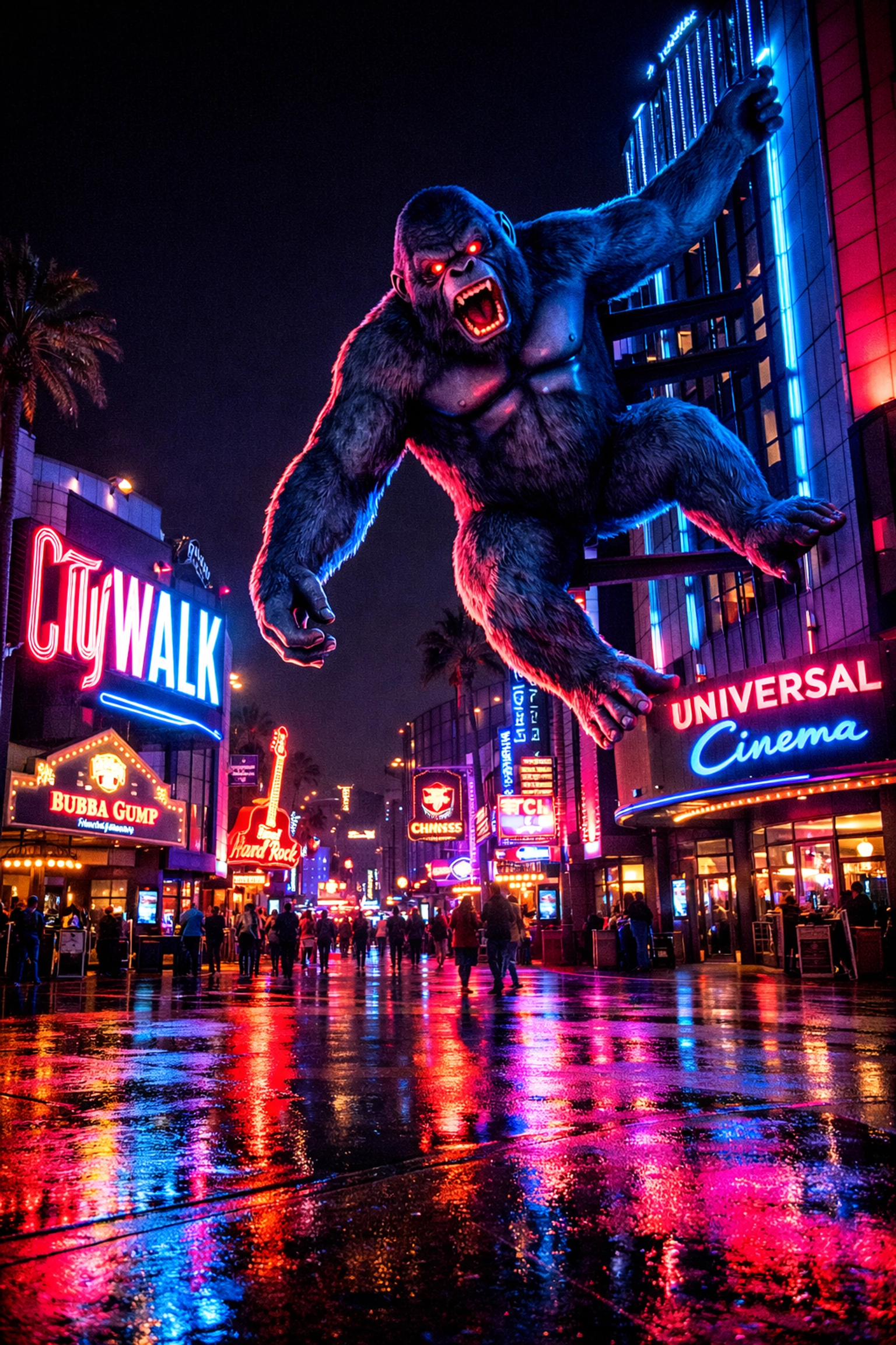 King Kong on a neon-lit building at Universal CityWalk, a popular night photography location.