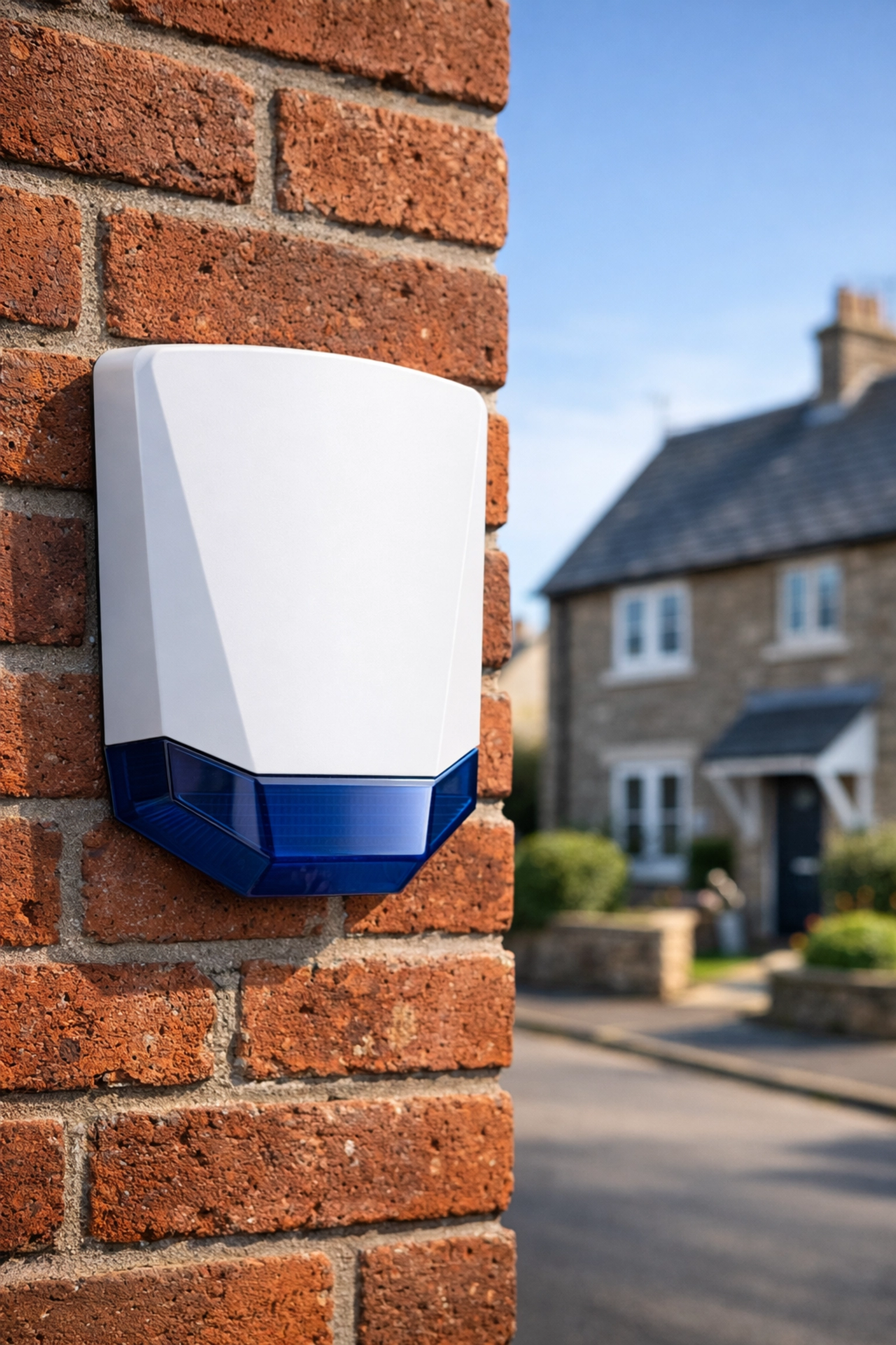 External intruder alarm siren box installed on a brick house in Trowbridge for home security deterrence.