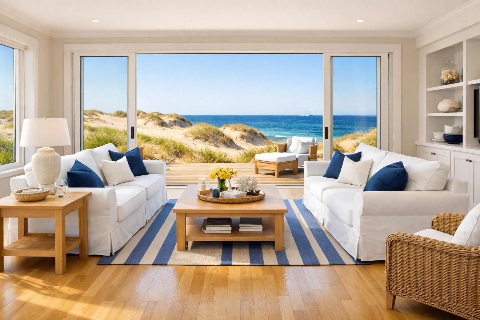 Spotless coastal living room in Provincetown, MA, with clean hardwood floors and ocean views.