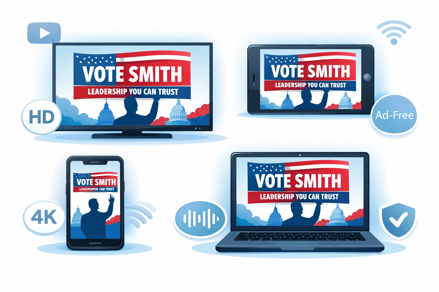 Political campaign ads displayed across streaming devices including TV tablet and mobile platforms