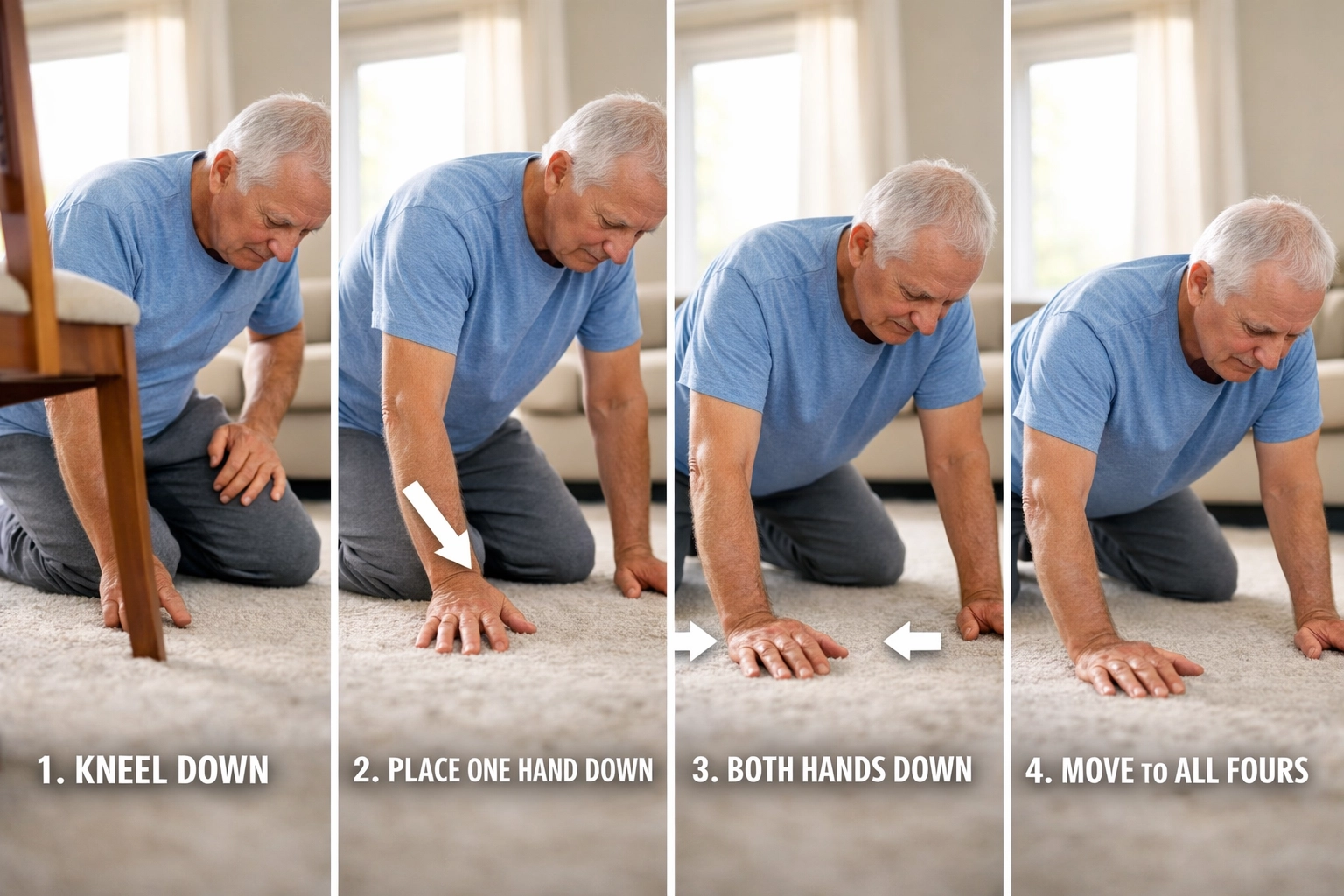 Elderly man demonstrating hands and knees position to get up after falling