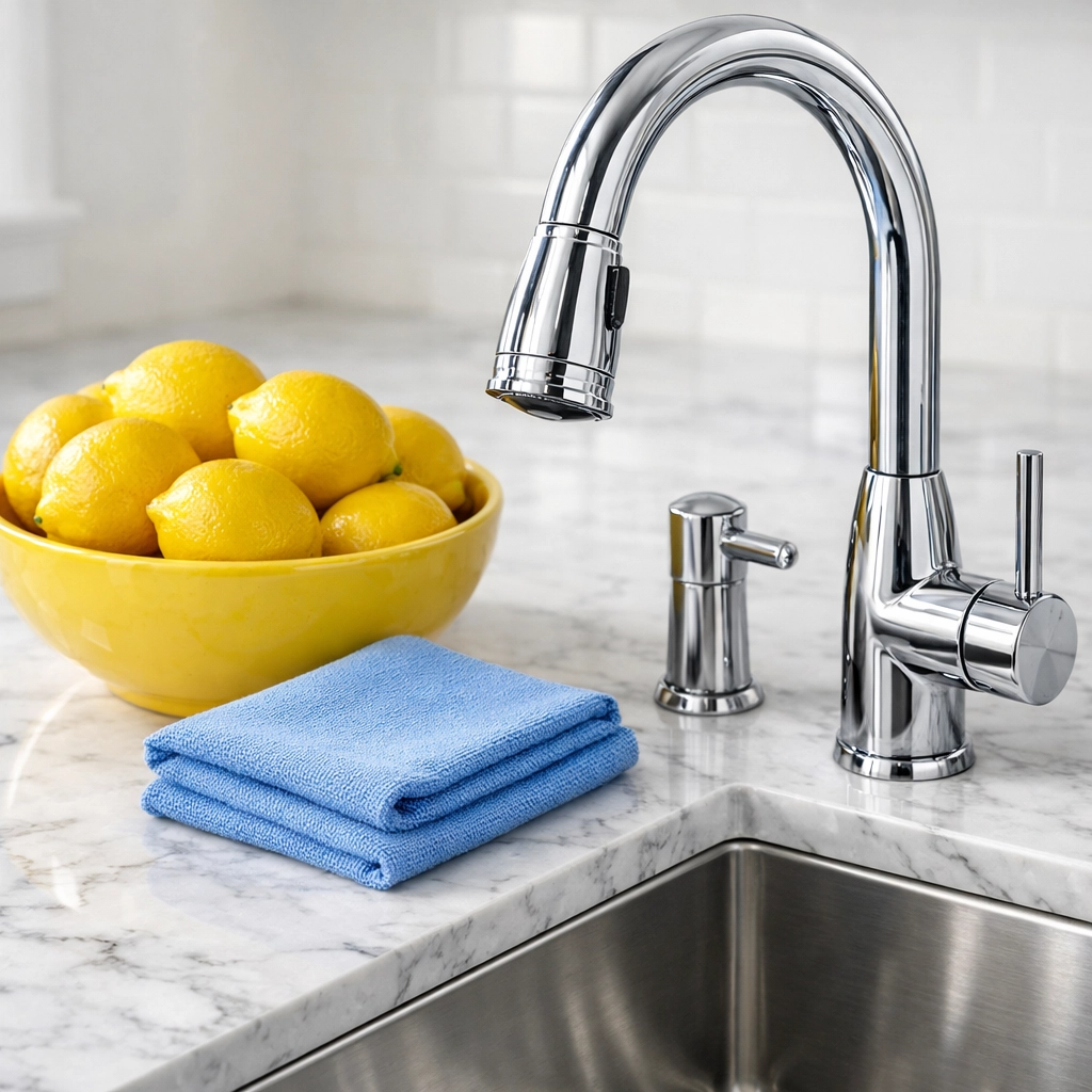 Deep cleaned Boston kitchen featuring a sparkling chrome faucet and spotless marble countertops.