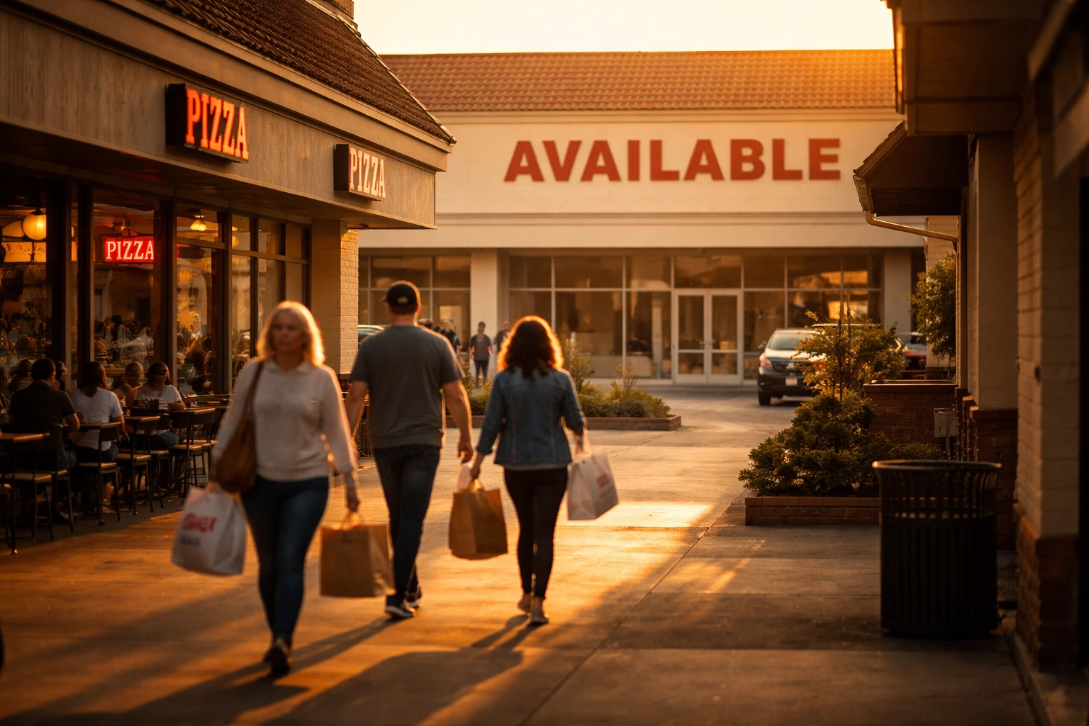 Small shopping plaza at sunset with vacant anchor storefront, highlighting restaurant foot traffic flow and Bay Area business trends.