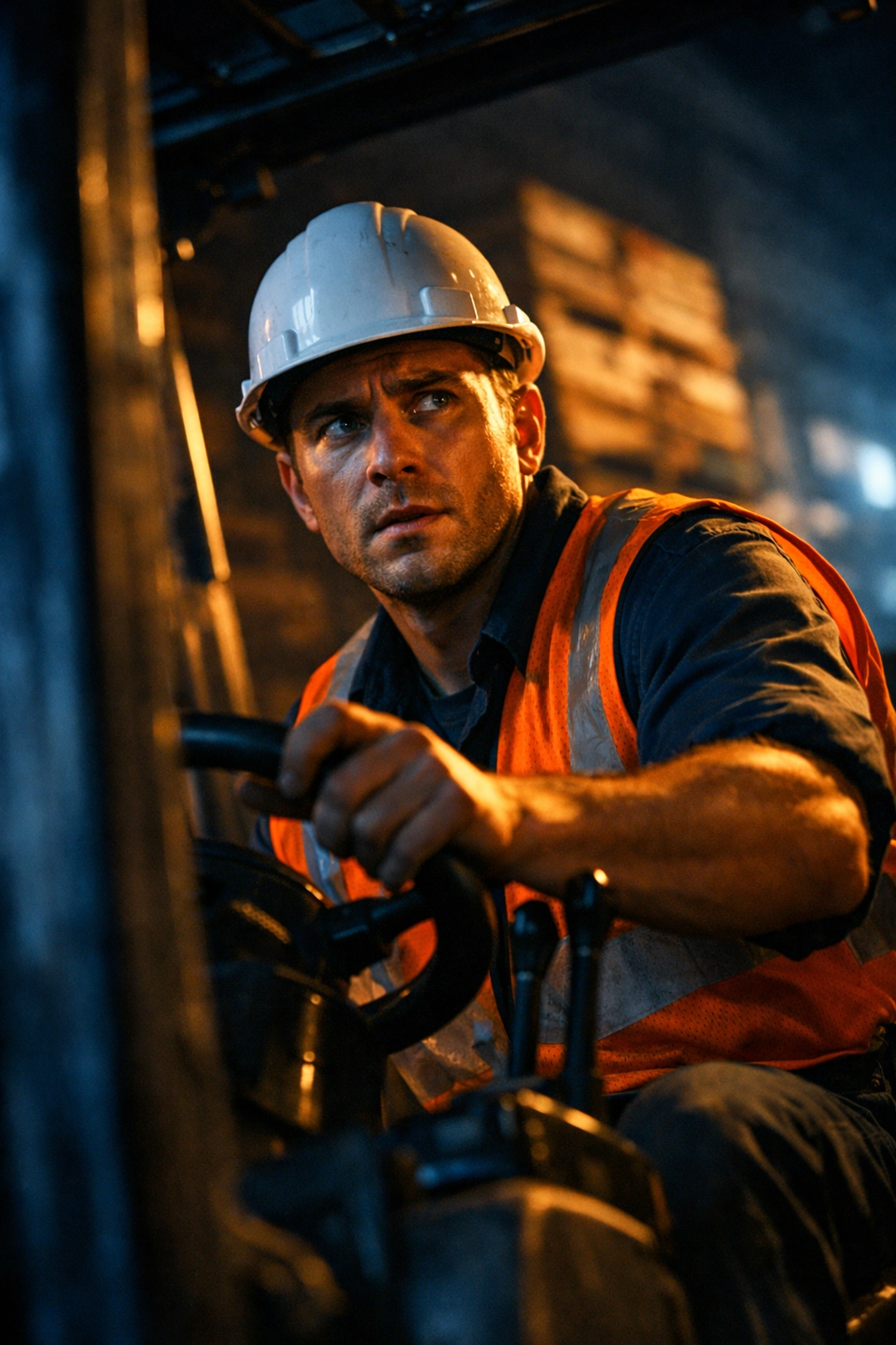 Warehouse forklift operator pausing to weigh safety against speed in workplace decision moment