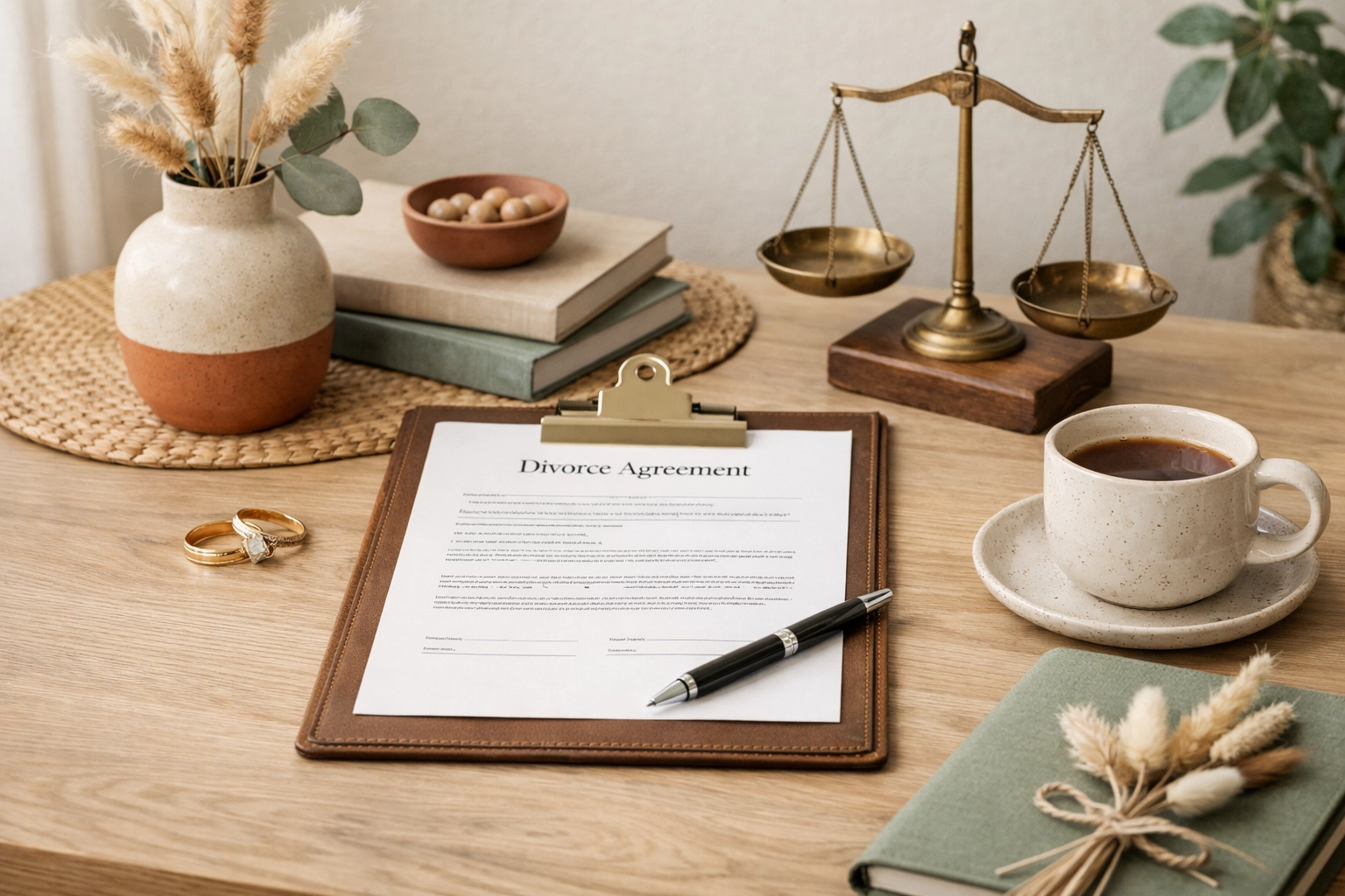 A calm consultation table with divorce papers, a wedding ring set aside, and terracotta and sage accents in a cream-toned office.