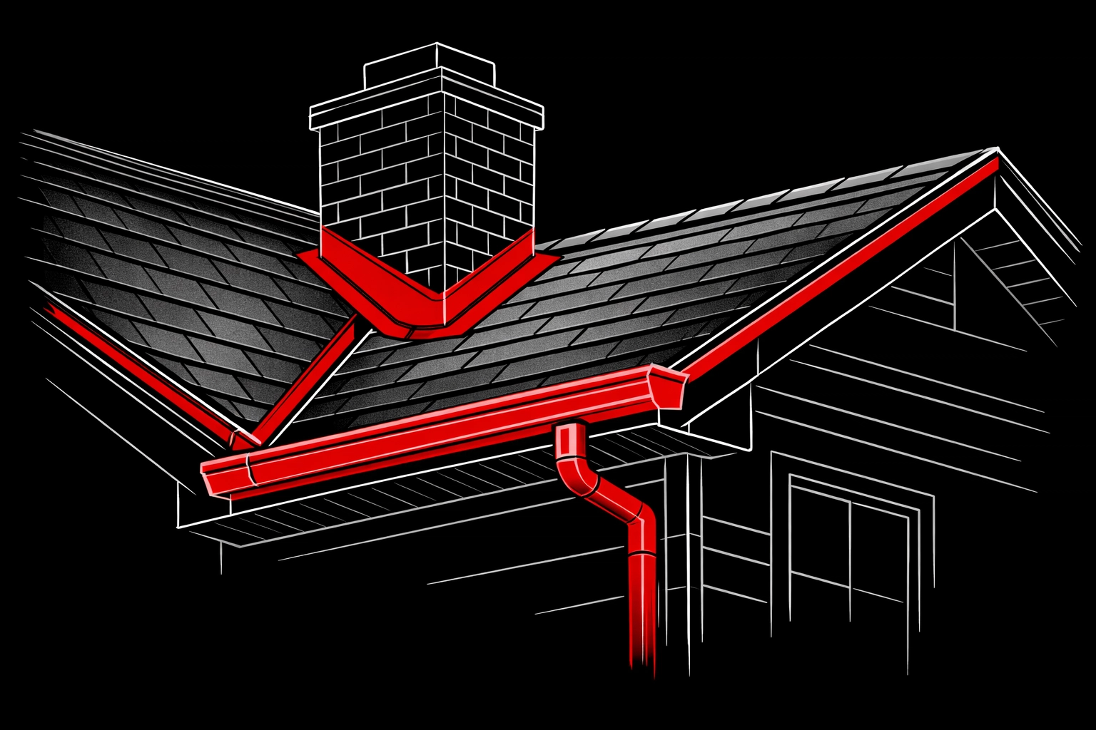 Architectural illustration of a home roof and gutter system showing storm-ready drainage protection.